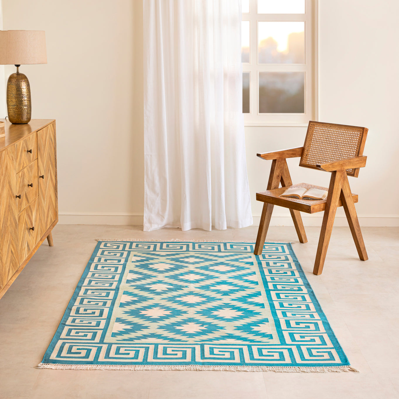 Handmade Cotton Kilim by Rugzcraft – Geometric Pattern in Teal and Cream