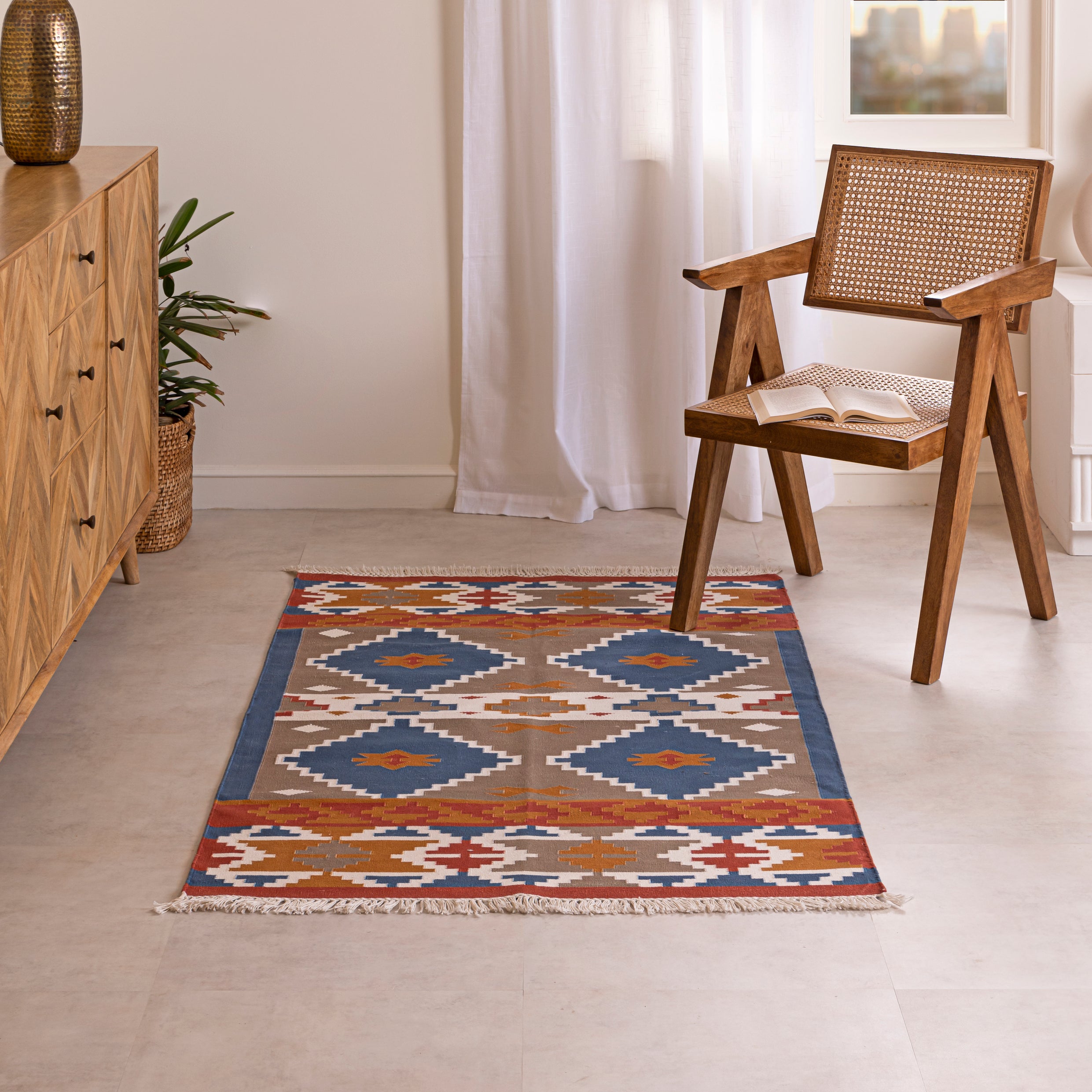 Handwoven Cotton Rug with Southwestern Geometric Design - Earthy Blue and Rust Tones