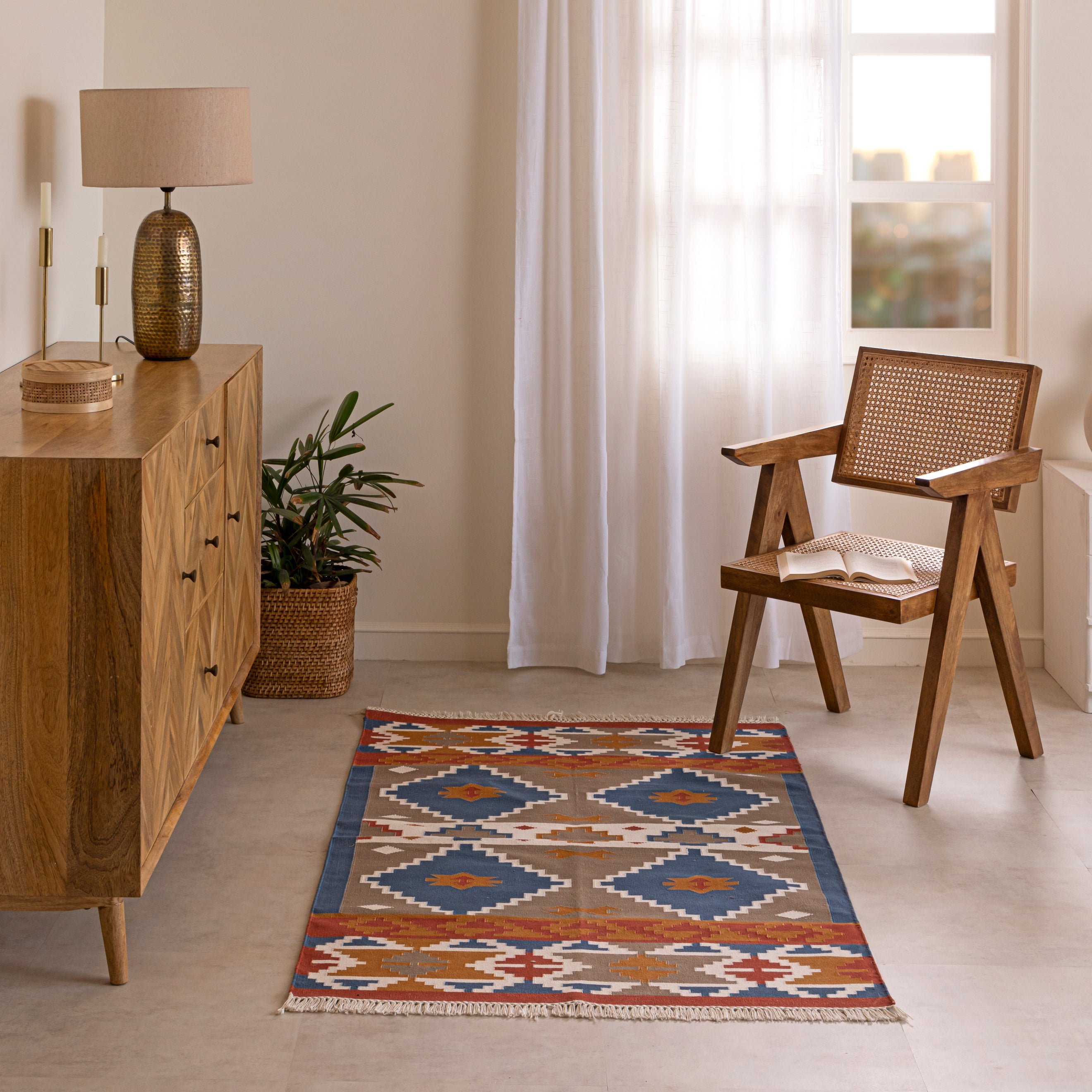 Handwoven Cotton Rug with Southwestern Geometric Design - Earthy Blue and Rust Tones