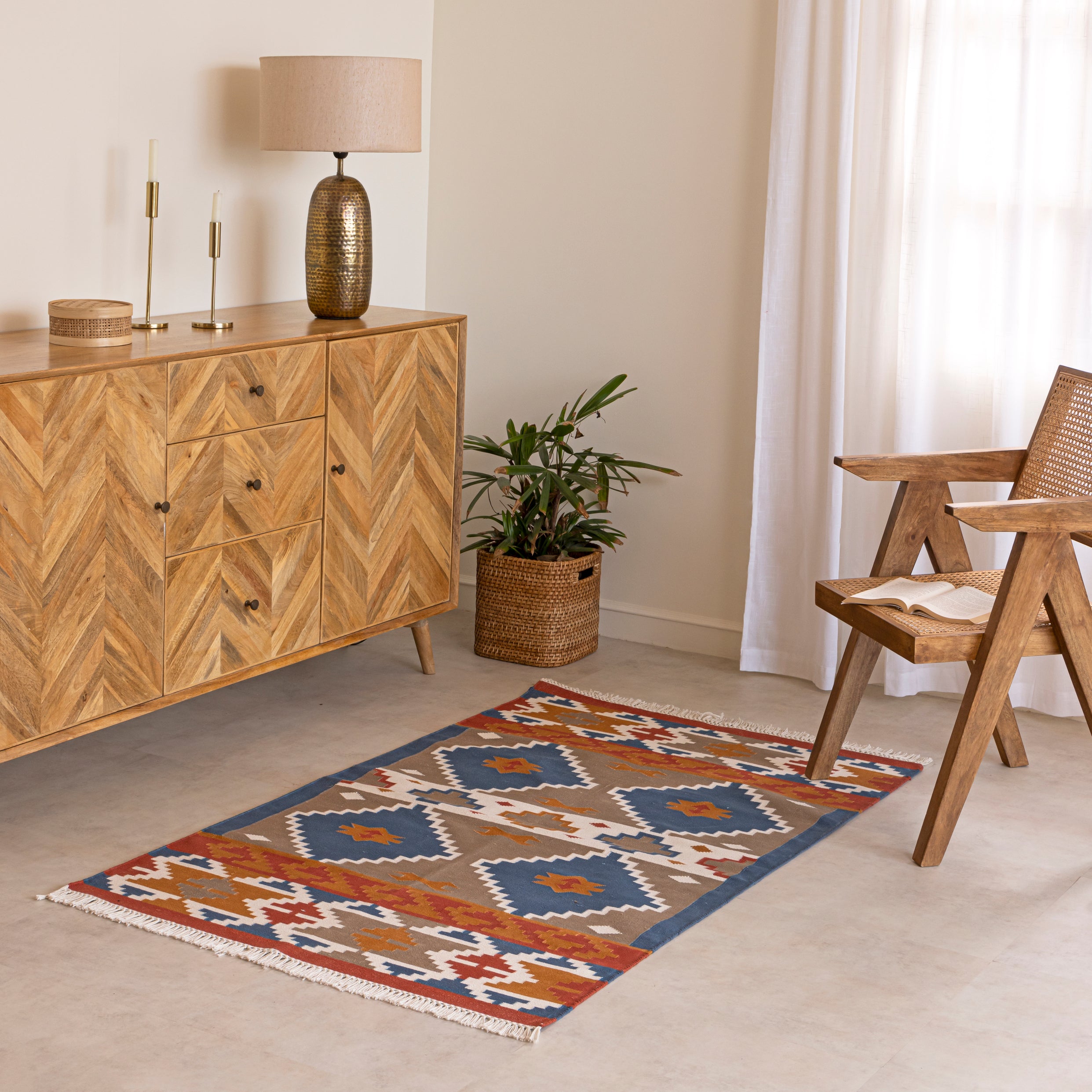 Handwoven Cotton Rug with Southwestern Geometric Design - Earthy Blue and Rust Tones