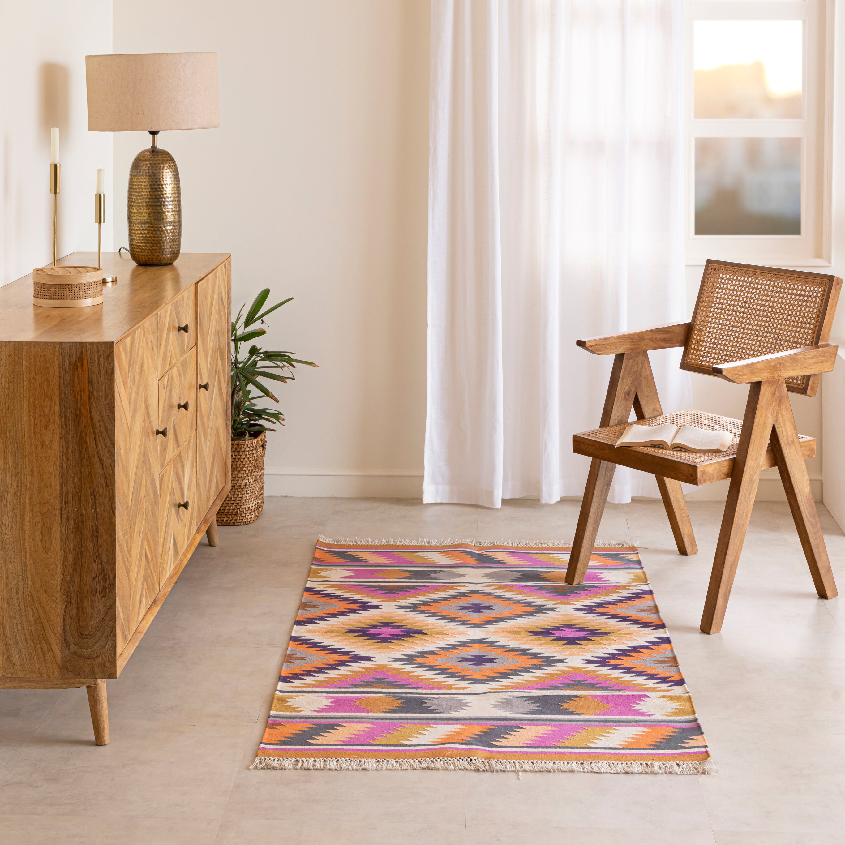 Handmade 100% Cotton Kilim-Inspired Geometric Flatweave Rug