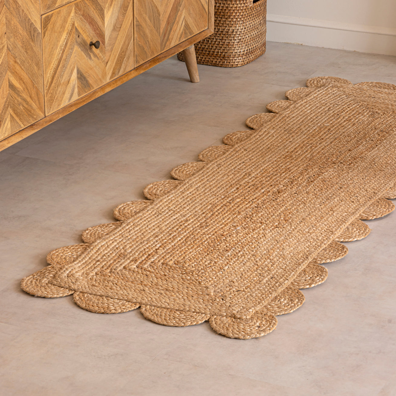 Natural Hand-Braided Hemp Runner by Rugzcraft – Solid Scalloped Design