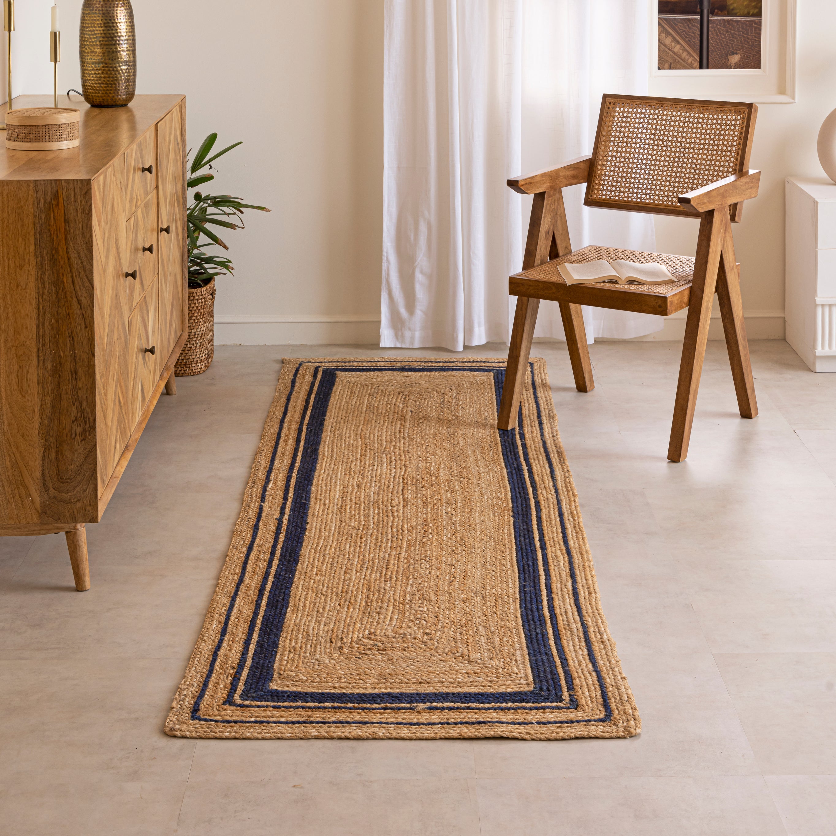 Natural Hemp Runner with Navy Blue Accents – Hand-Braided and Machine-Stitched for Timeless Elegance