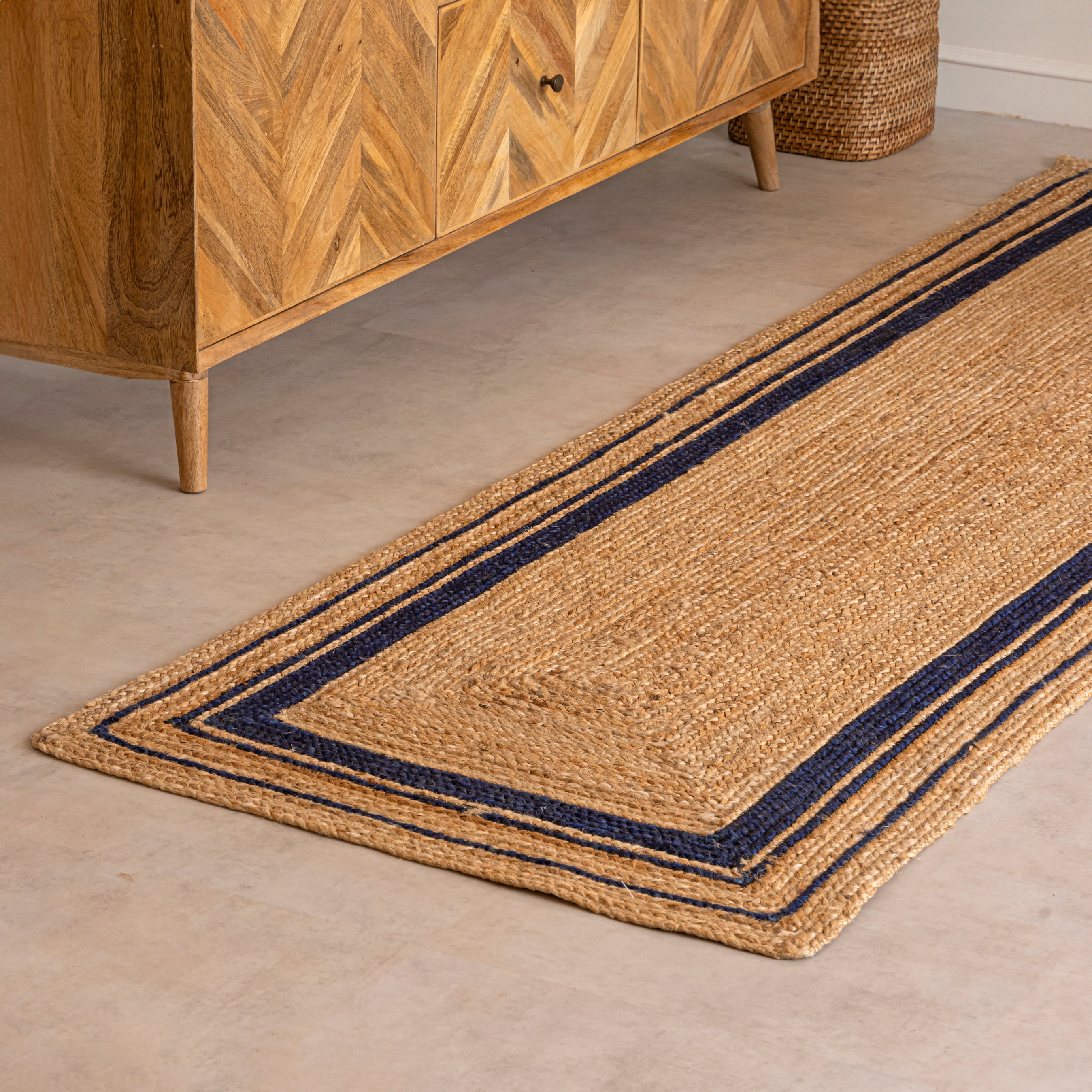 Natural Hemp Runner with Navy Blue Accents – Hand-Braided and Machine-Stitched for Timeless Elegance