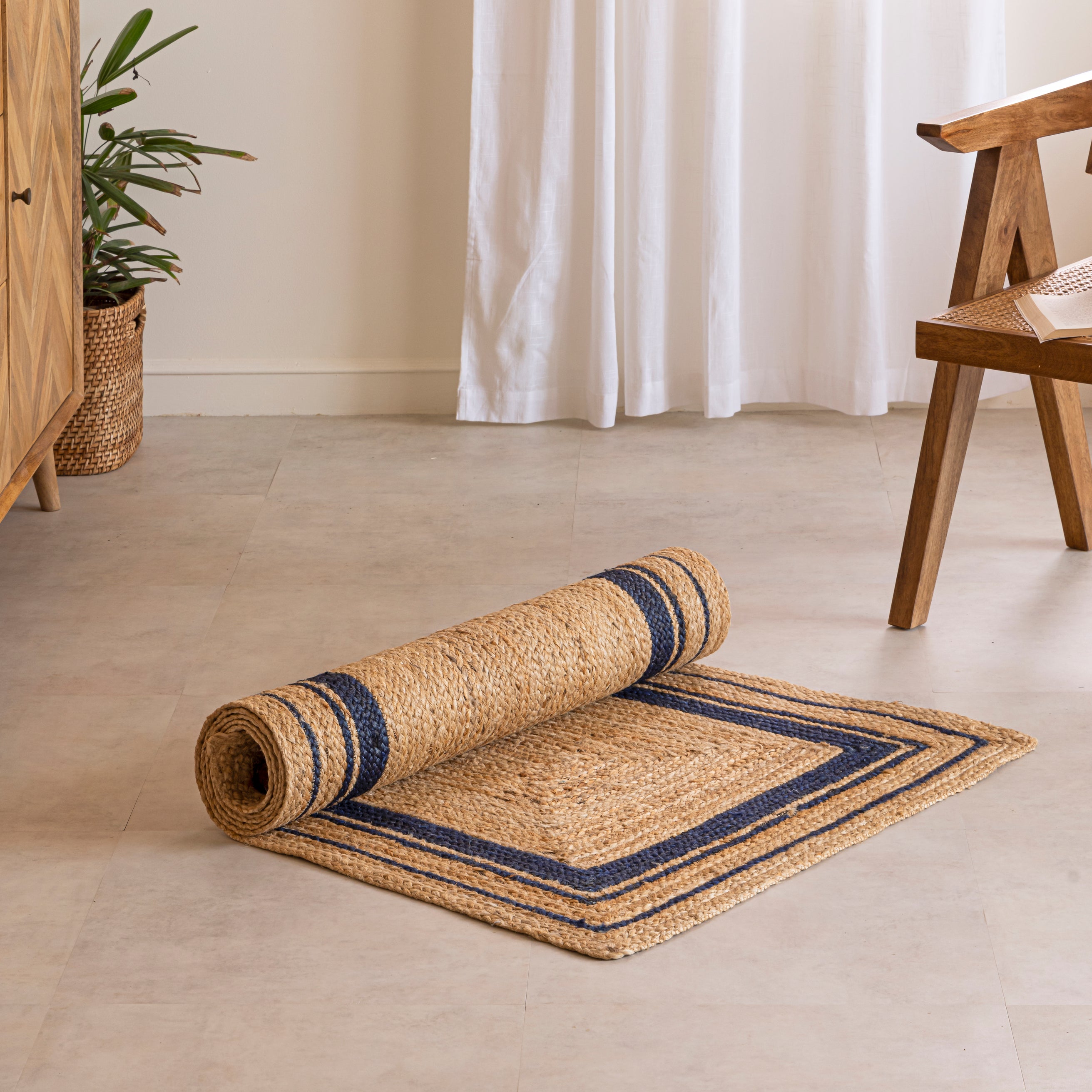 Natural Hemp Runner with Navy Blue Accents – Hand-Braided and Machine-Stitched for Timeless Elegance