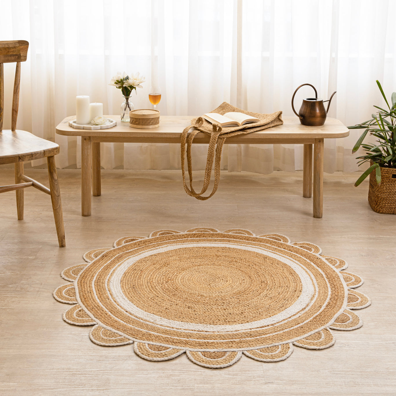 Round Hand-Braided Hemp Rug by Rugzcraft – Natural & White Round Strip Design