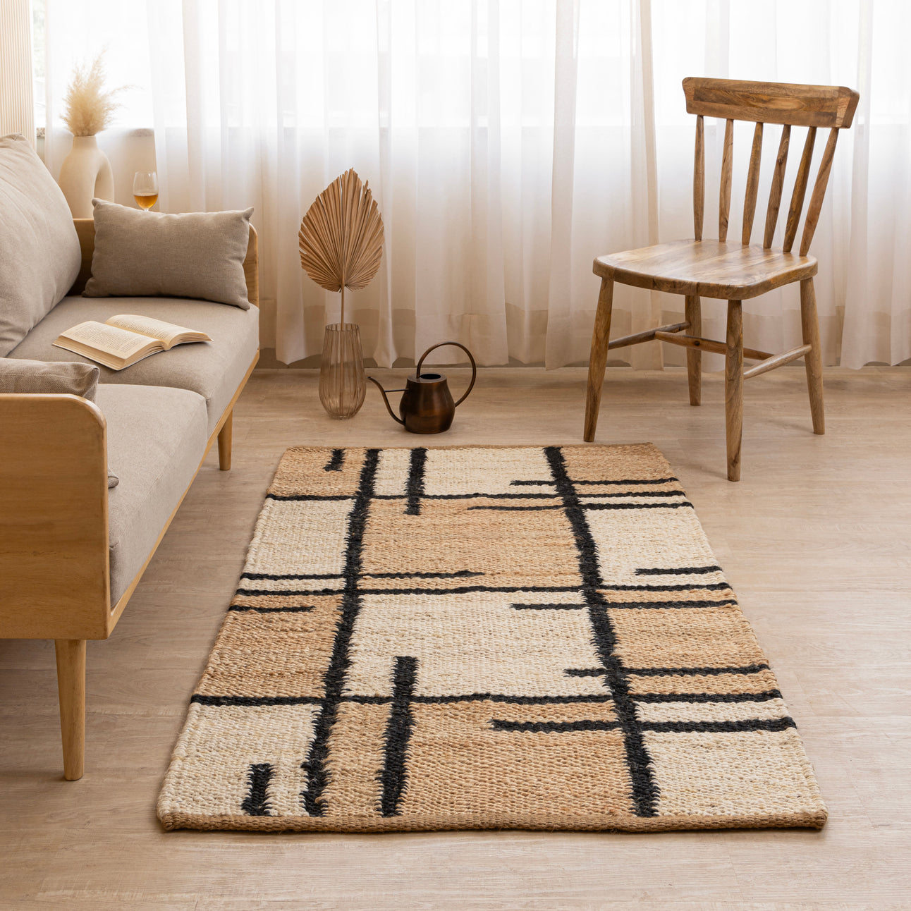 Modern Geometric Handmade Hemp Rug - Natural Beige, Black & White