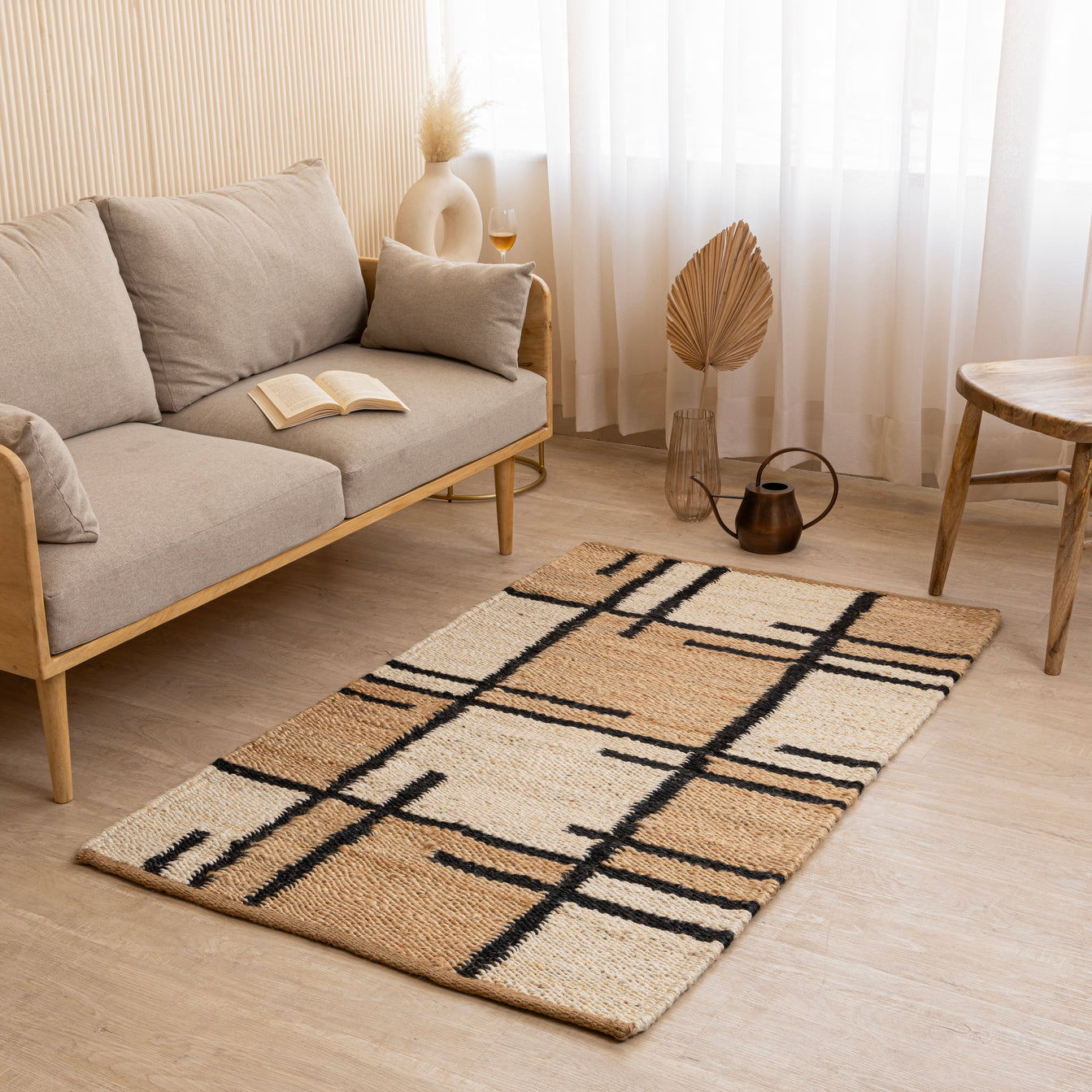 Modern Geometric Handmade Hemp Rug - Natural Beige, Black & White