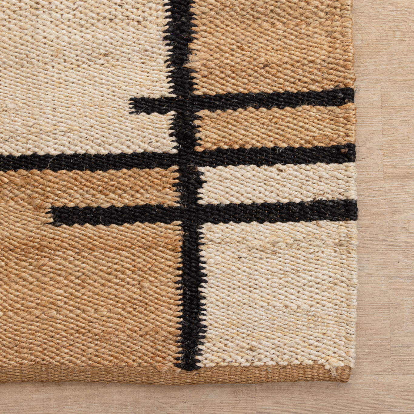 Modern Geometric Handmade Hemp Rug - Natural Beige, Black & White