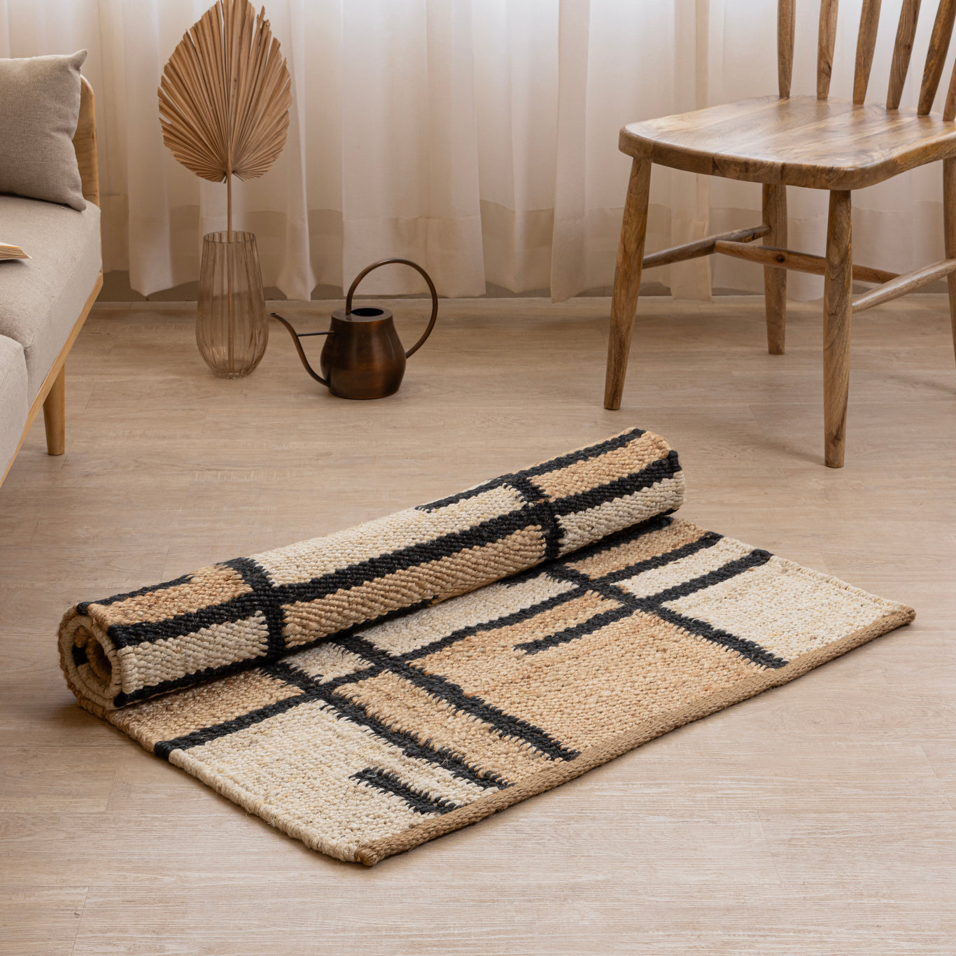 Modern Geometric Handmade Hemp Rug - Natural Beige, Black & White