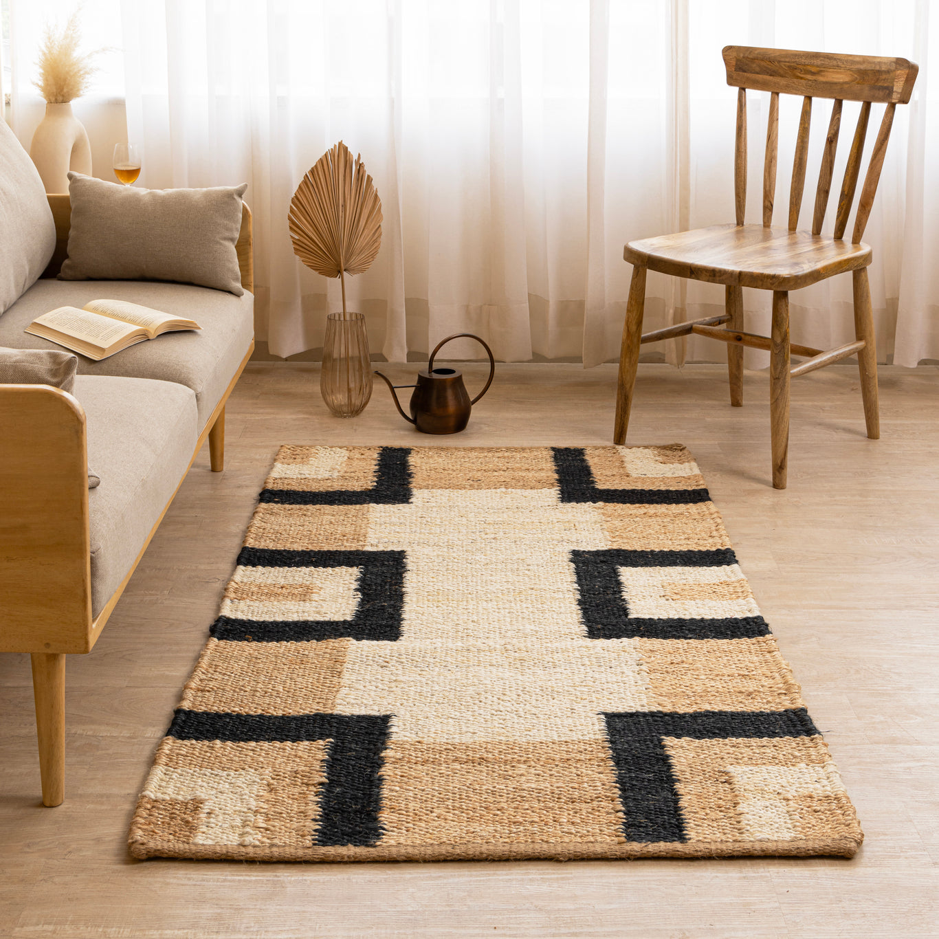 Handcrafted 100% Hemp Rug by Rugzcraft – Natural Black & White Geometric Design