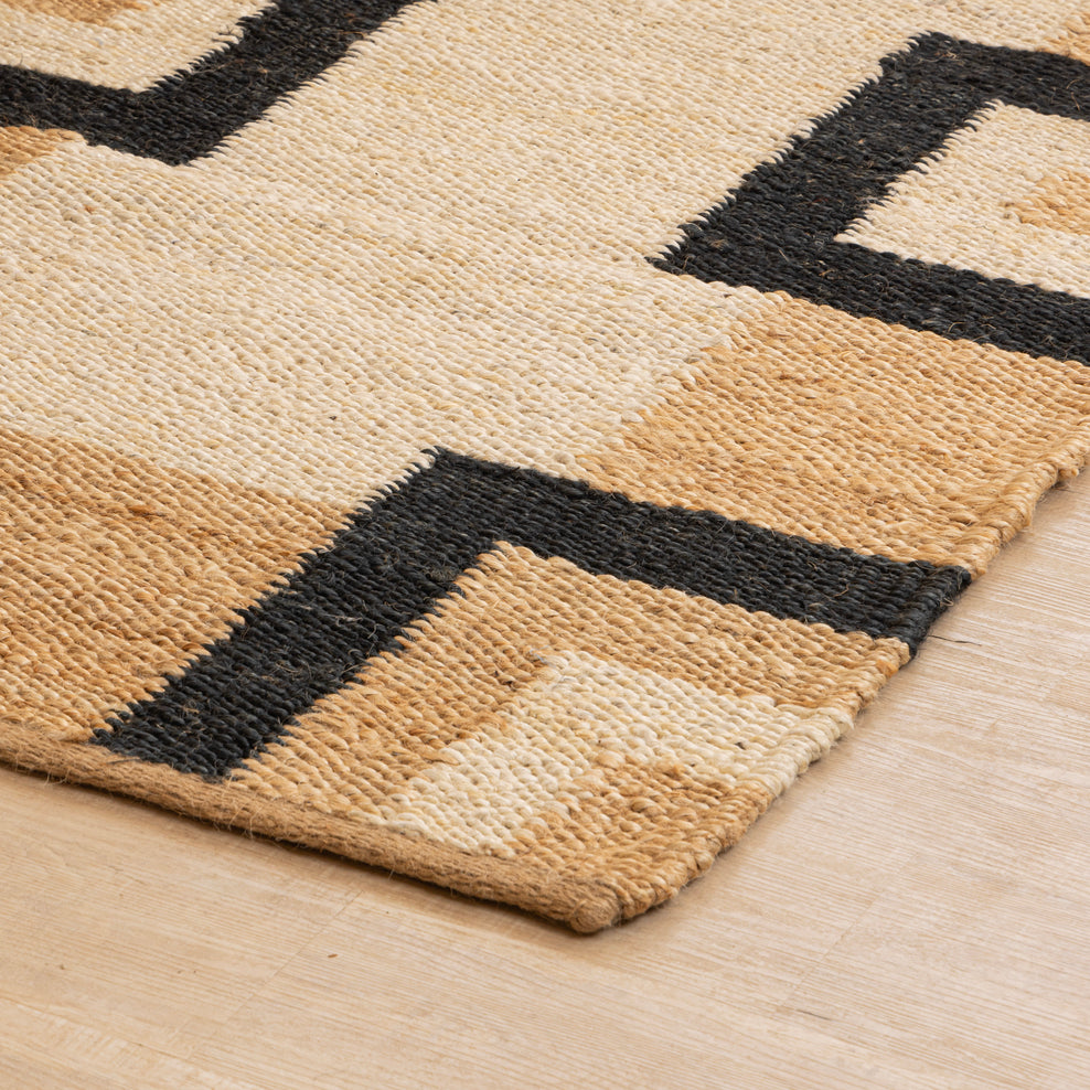 Handcrafted 100% Hemp Rug by Rugzcraft – Natural Black & White Geometric Design