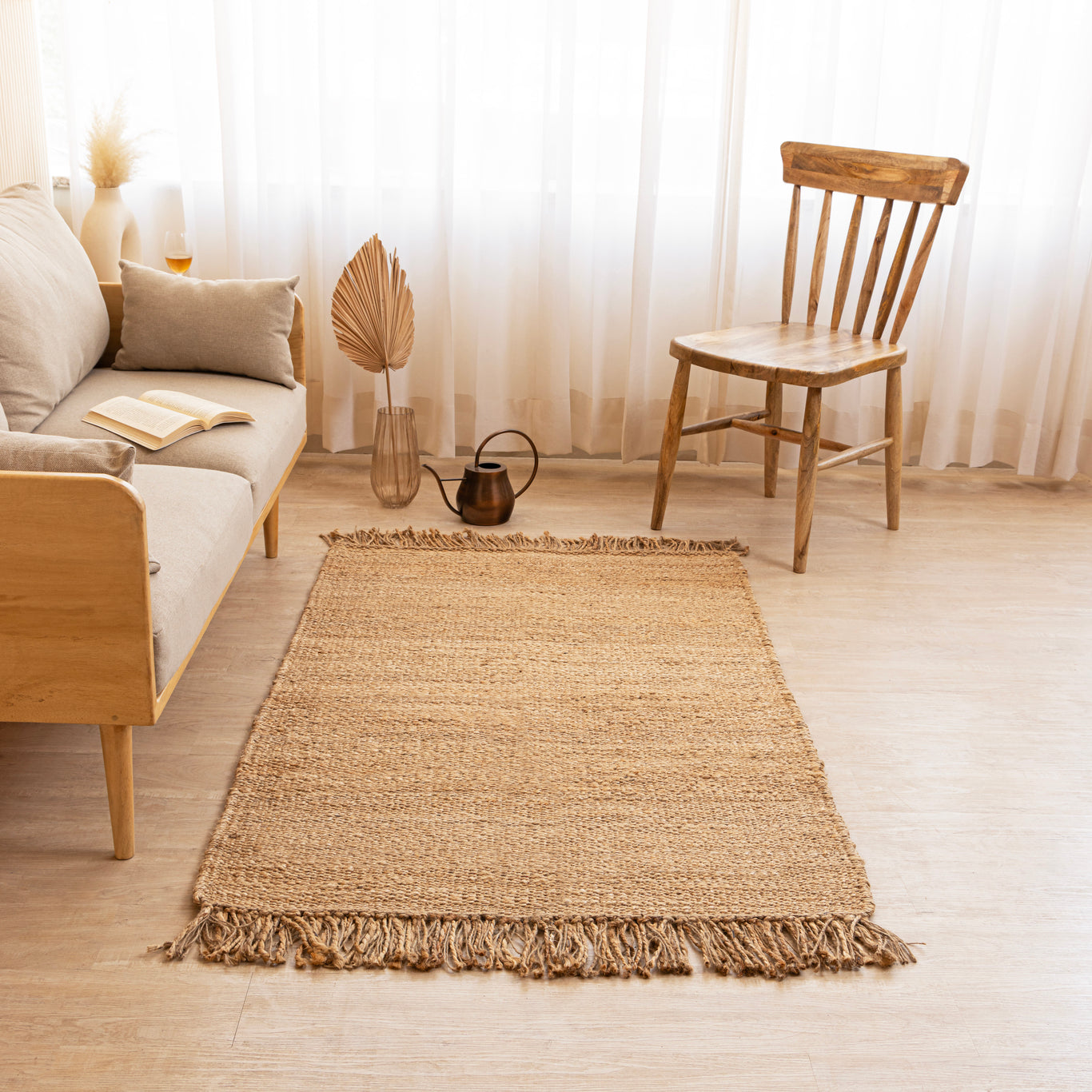 Handwoven Natural Hemp Area Rug with Fringe - Rustic Charm Turn on screen