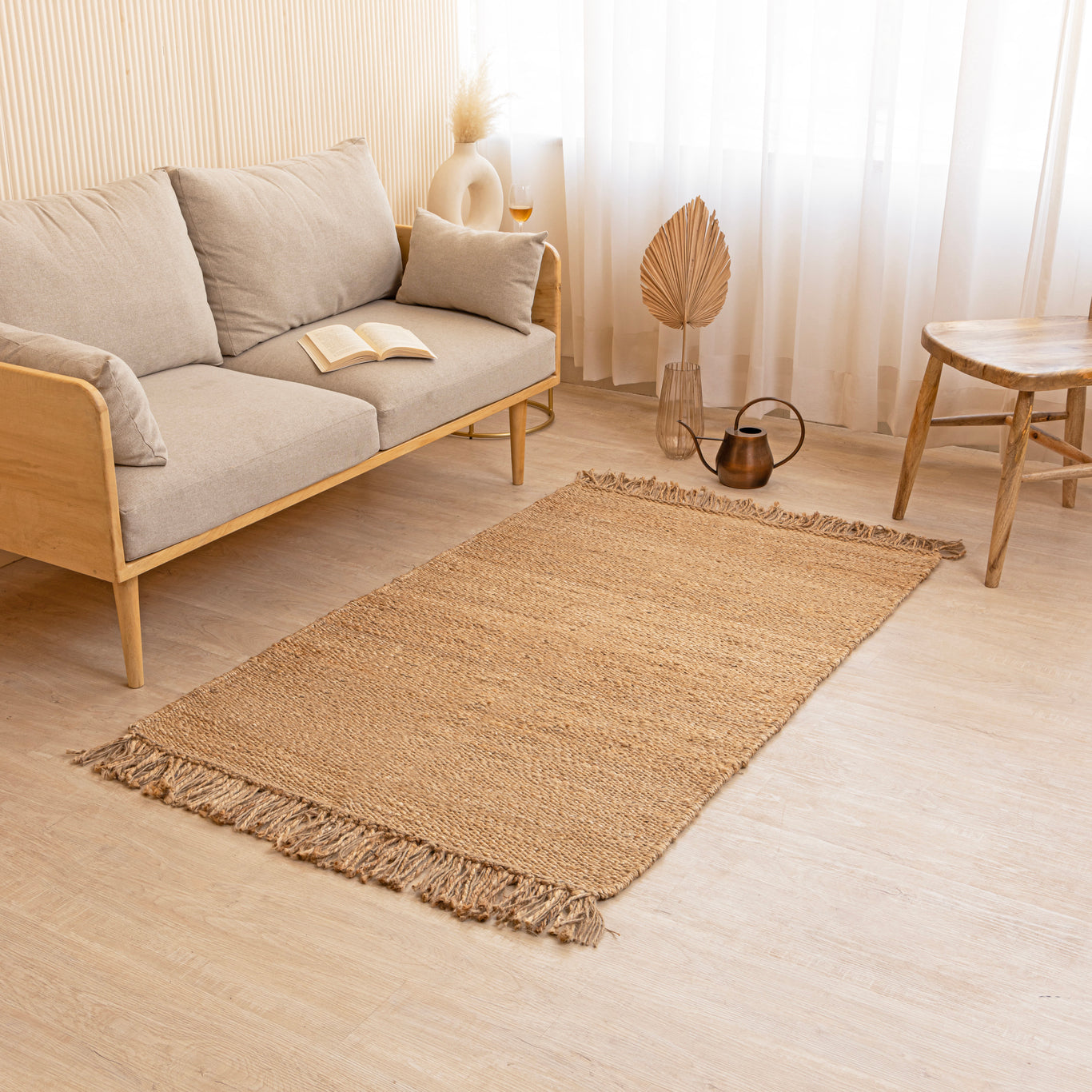 Handwoven Natural Hemp Area Rug with Fringe - Rustic Charm Turn on screen