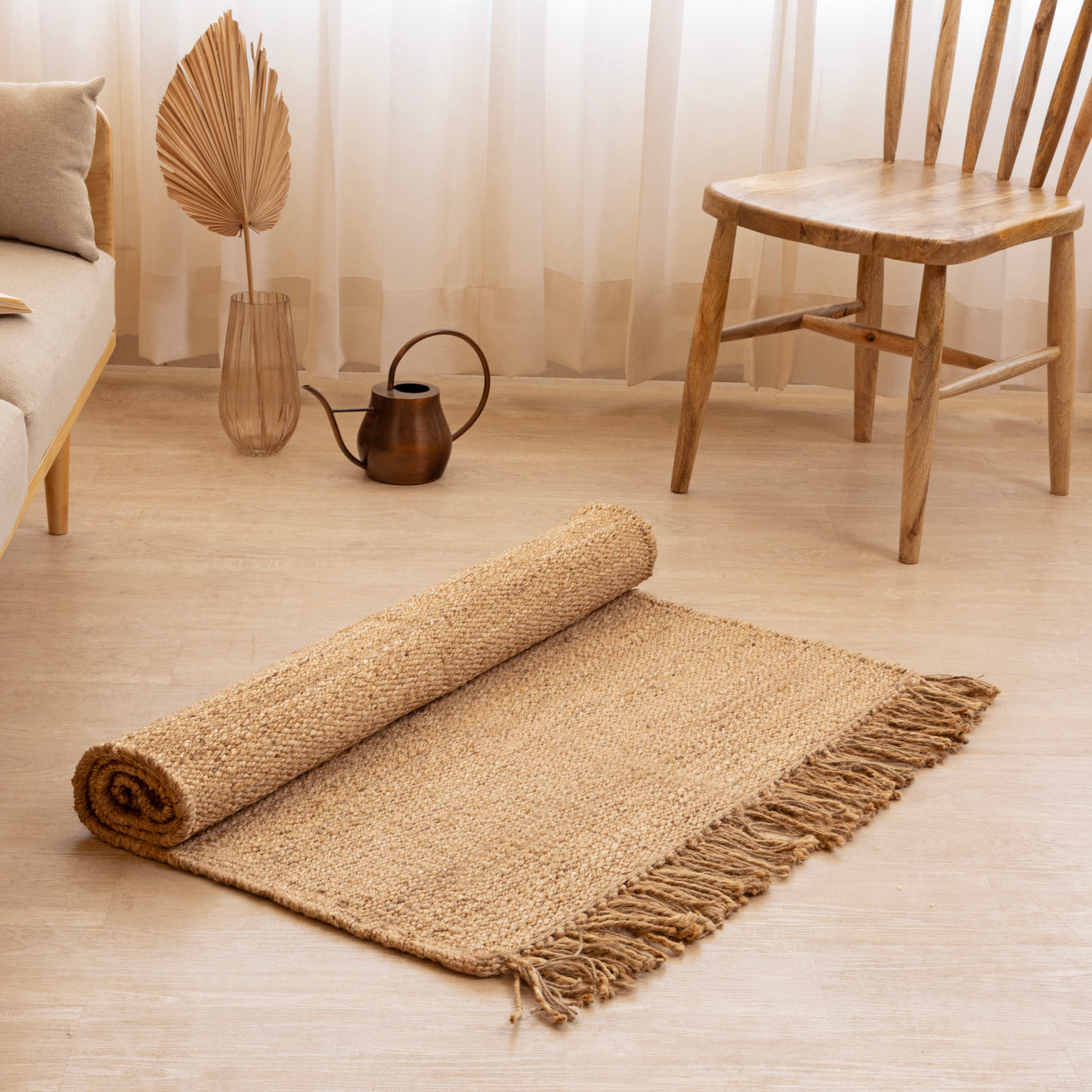 Handwoven Natural Hemp Area Rug with Fringe - Rustic Charm Turn on screen