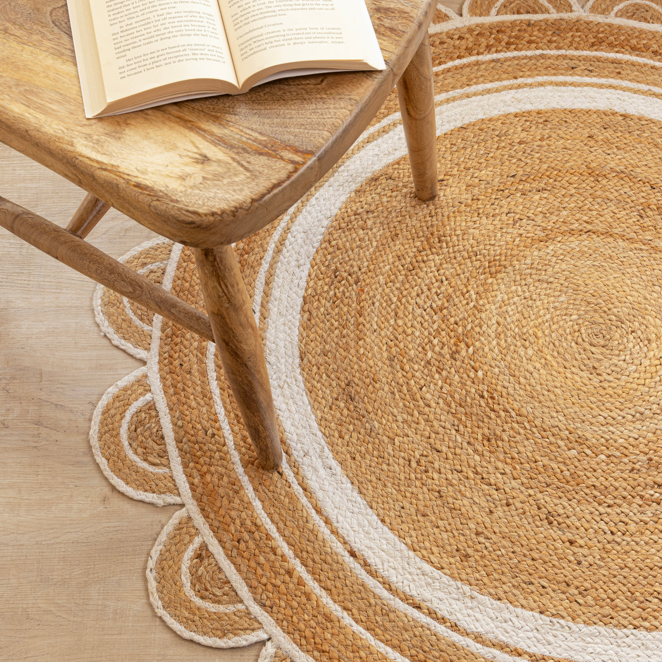 Round Hand-Braided Hemp Rug by Rugzcraft – Natural & White Round Strip Design