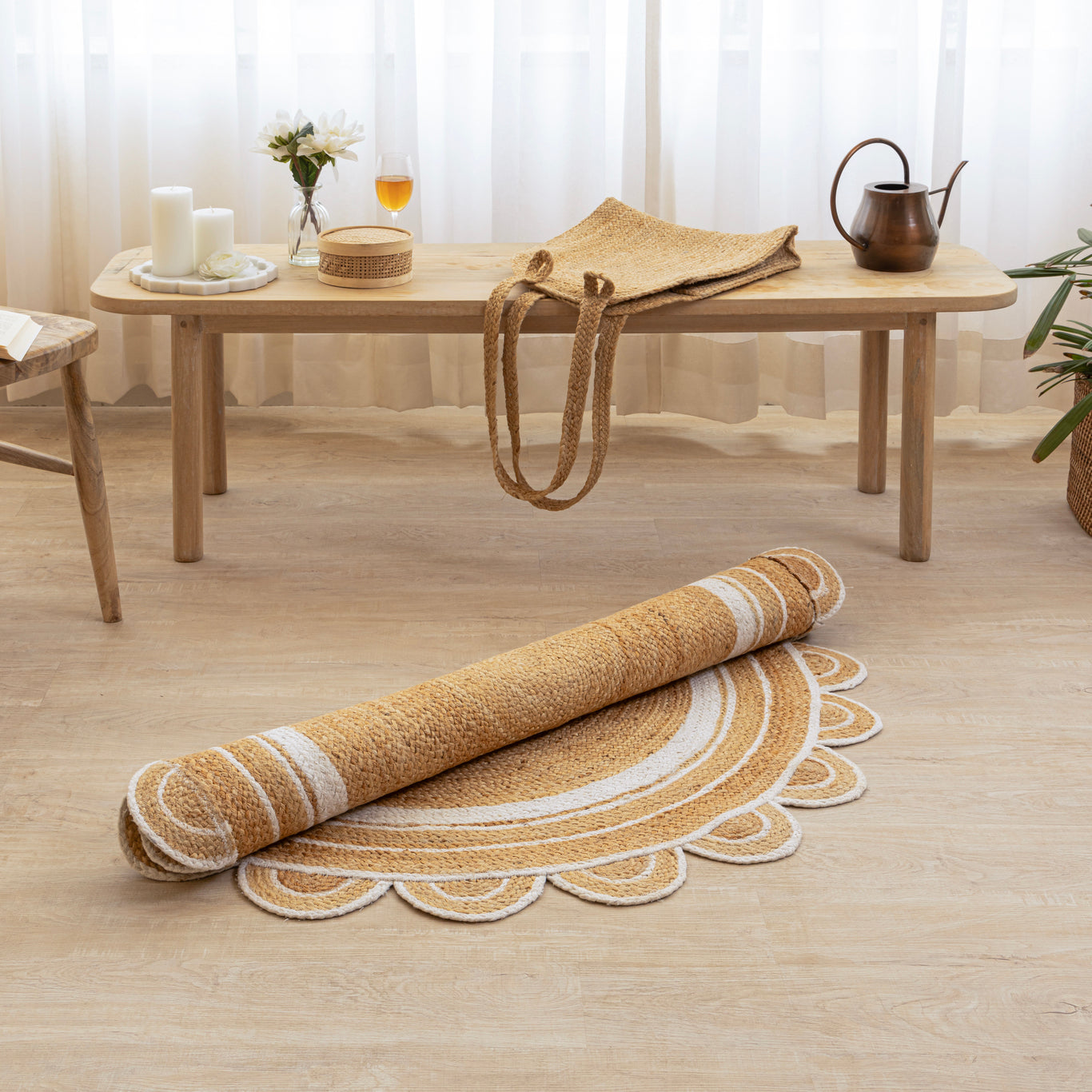 Round Hand-Braided Hemp Rug by Rugzcraft – Natural & White Round Strip Design