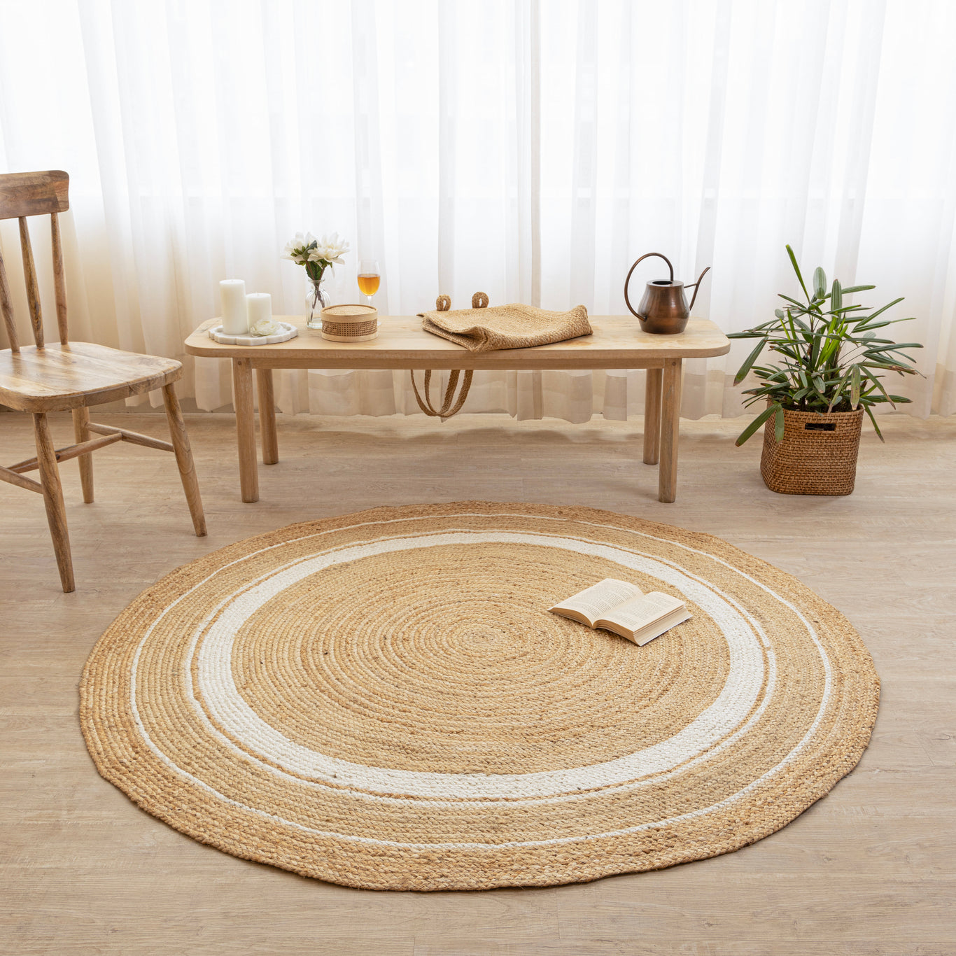 Hand-Braided Natural Hemp Round Rug with White Accents - Boho Chic