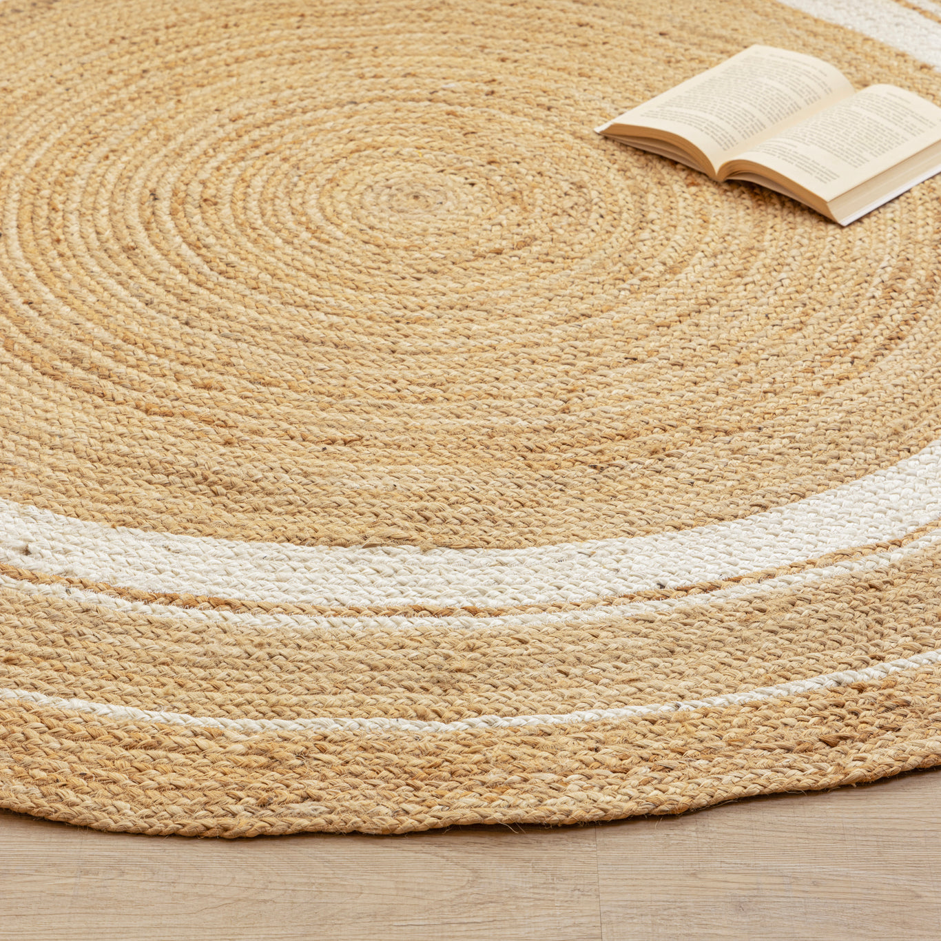 Hand-Braided Natural Hemp Round Rug with White Accents - Boho Chic