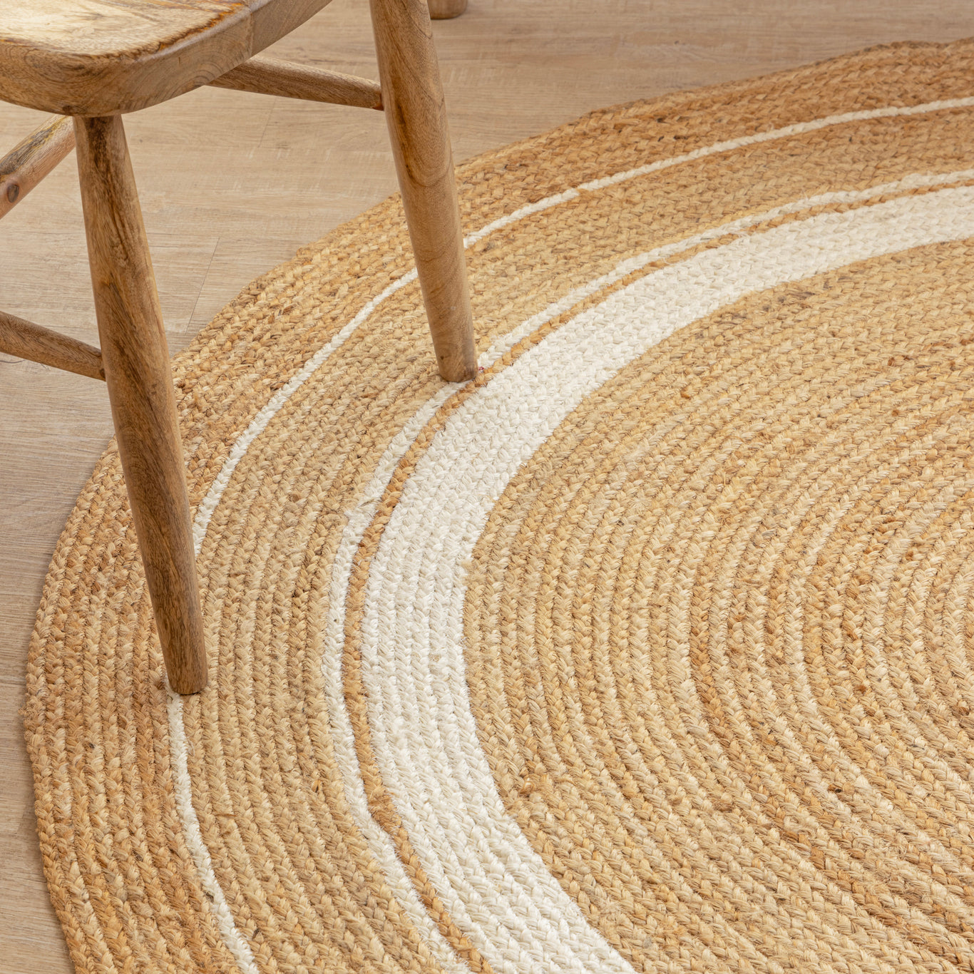 Hand-Braided Natural Hemp Round Rug with White Accents - Boho Chic