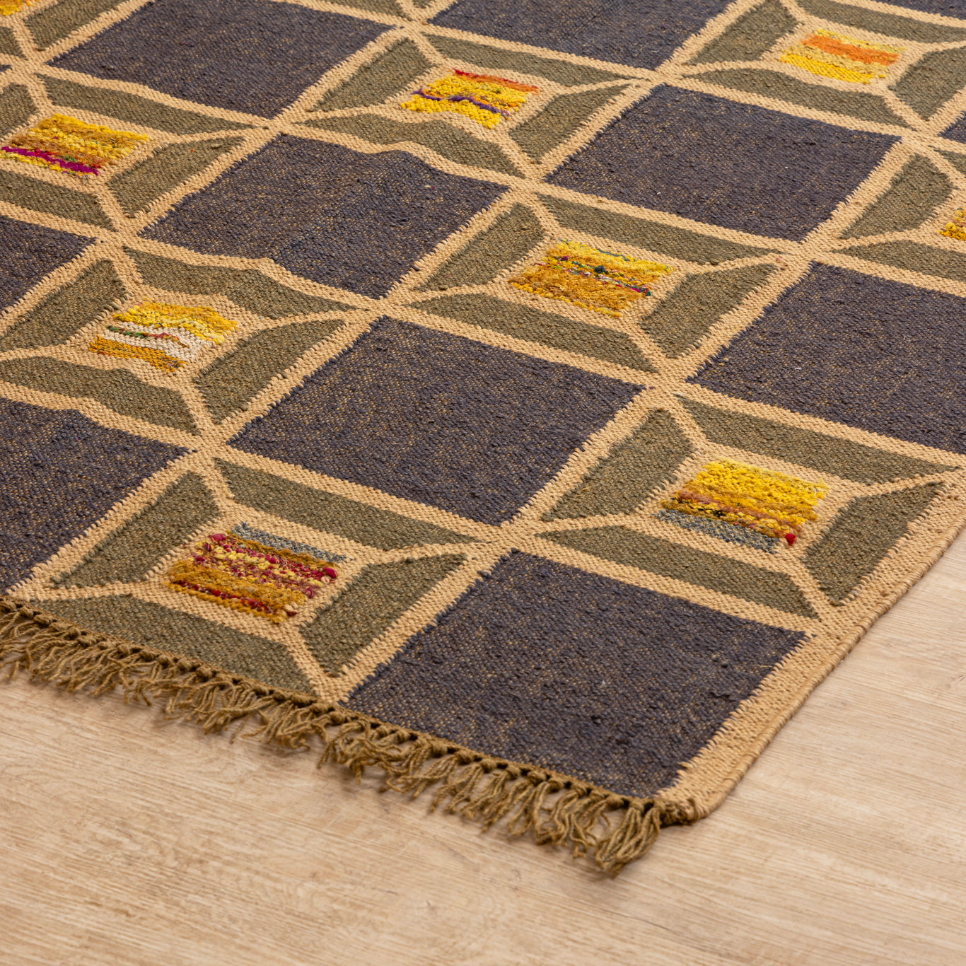 Handcrafted Jute-Wool Rug by Rugzcraft – Geometric Design in Earthy Tones