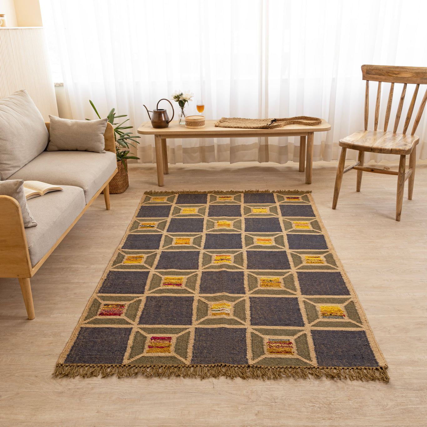 Handcrafted Jute-Wool Rug by Rugzcraft – Geometric Design in Earthy Tones