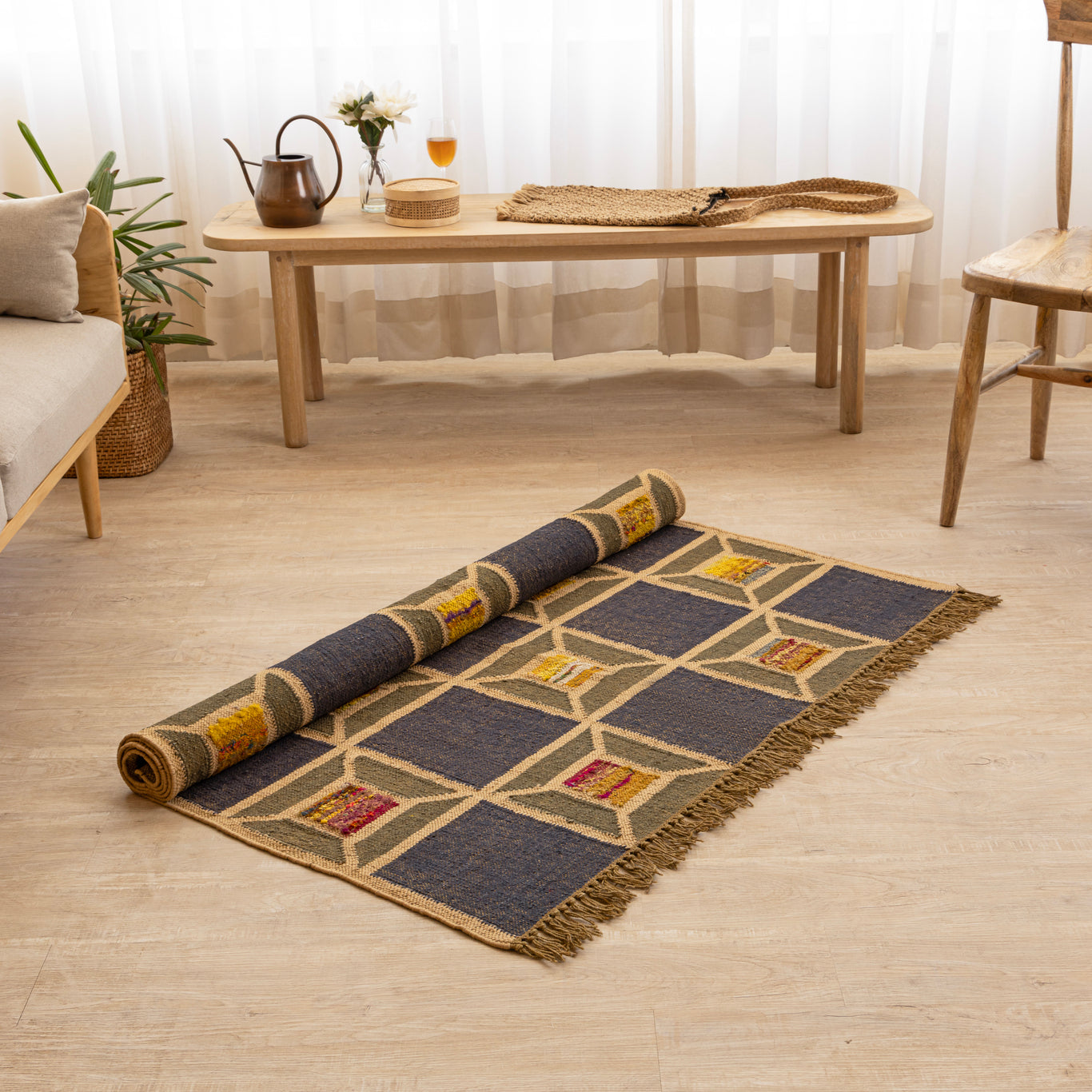 Handcrafted Jute-Wool Rug by Rugzcraft – Geometric Design in Earthy Tones