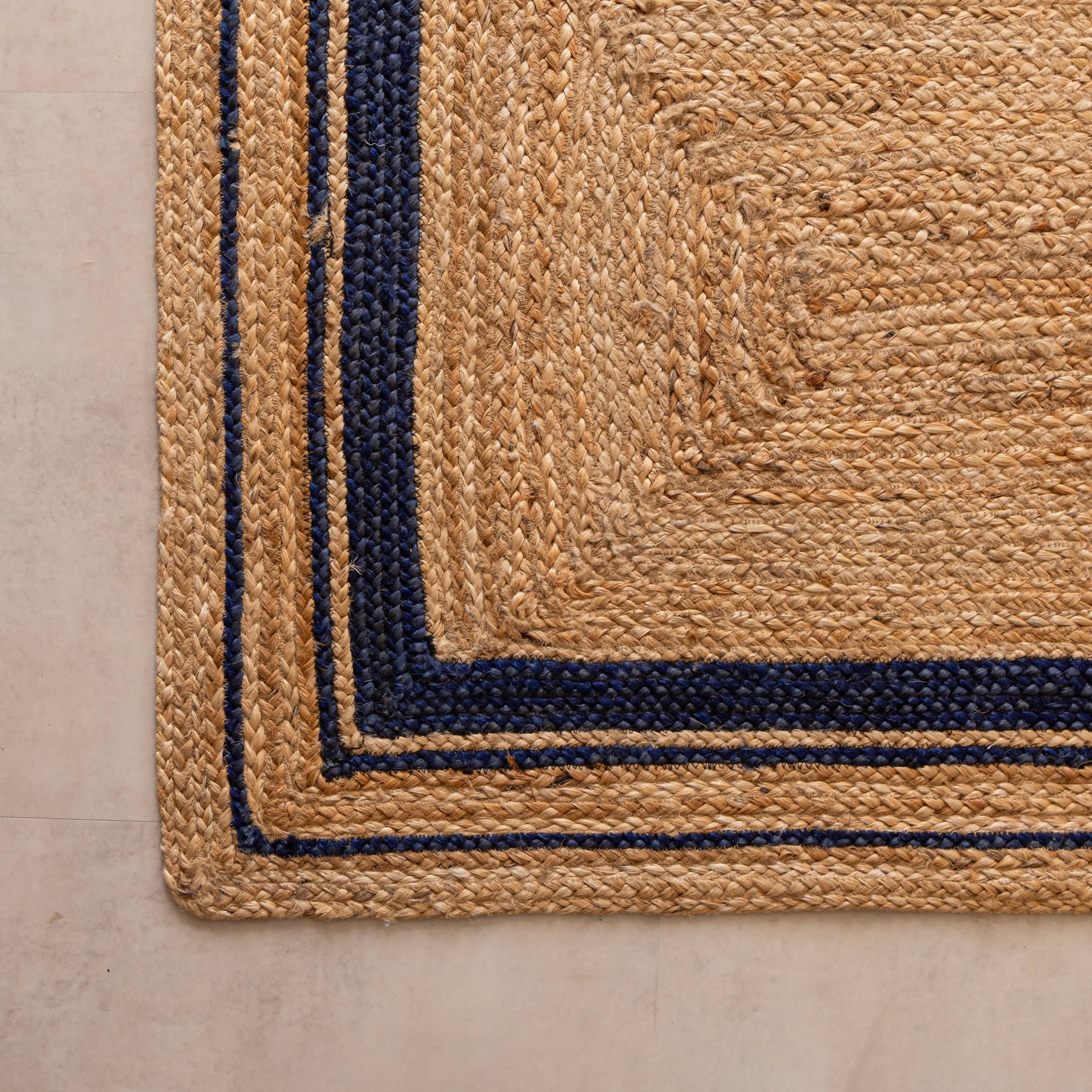 Natural Hemp Runner with Navy Blue Accents – Hand-Braided and Machine-Stitched for Timeless Elegance