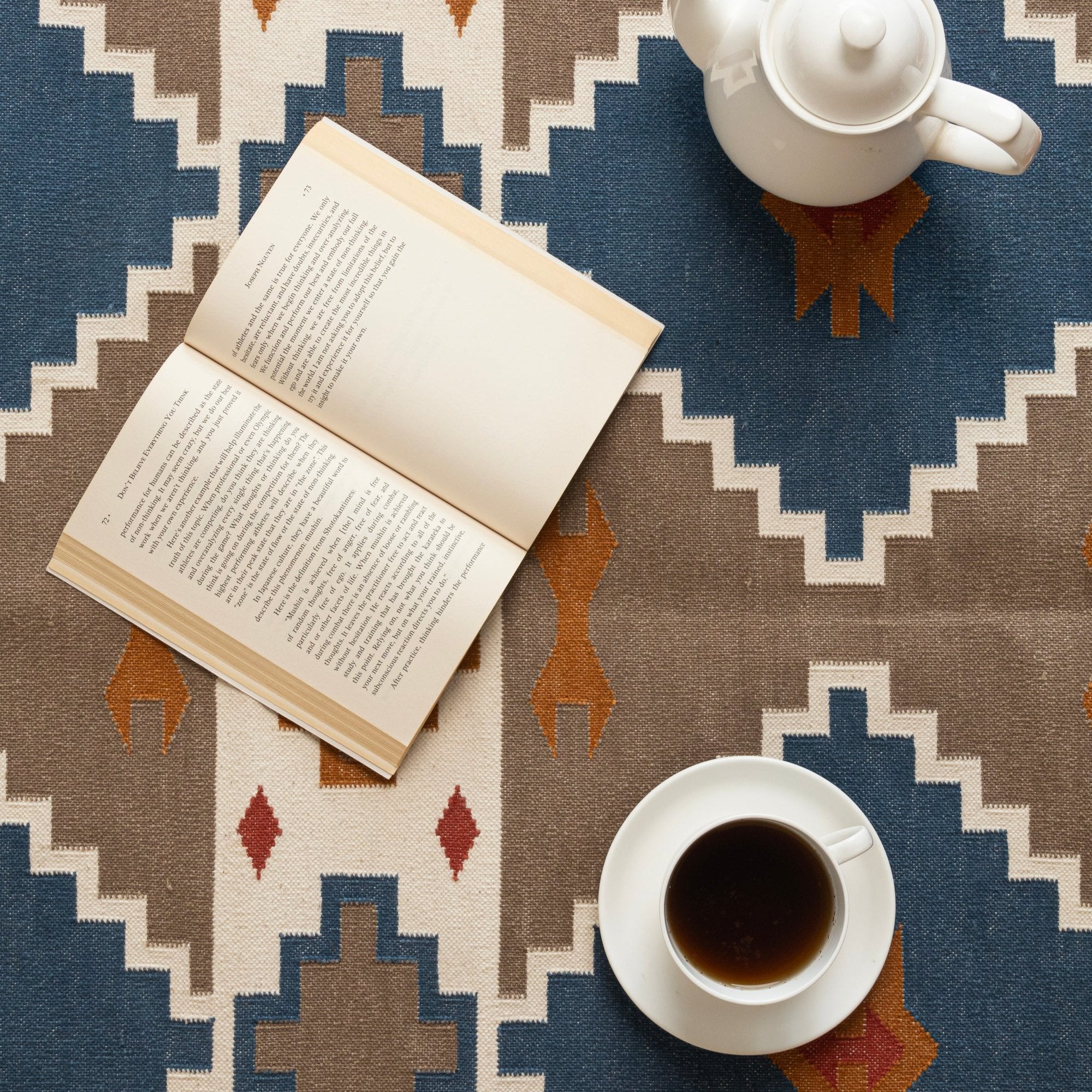 Handwoven Cotton Rug with Southwestern Geometric Design - Earthy Blue and Rust Tones