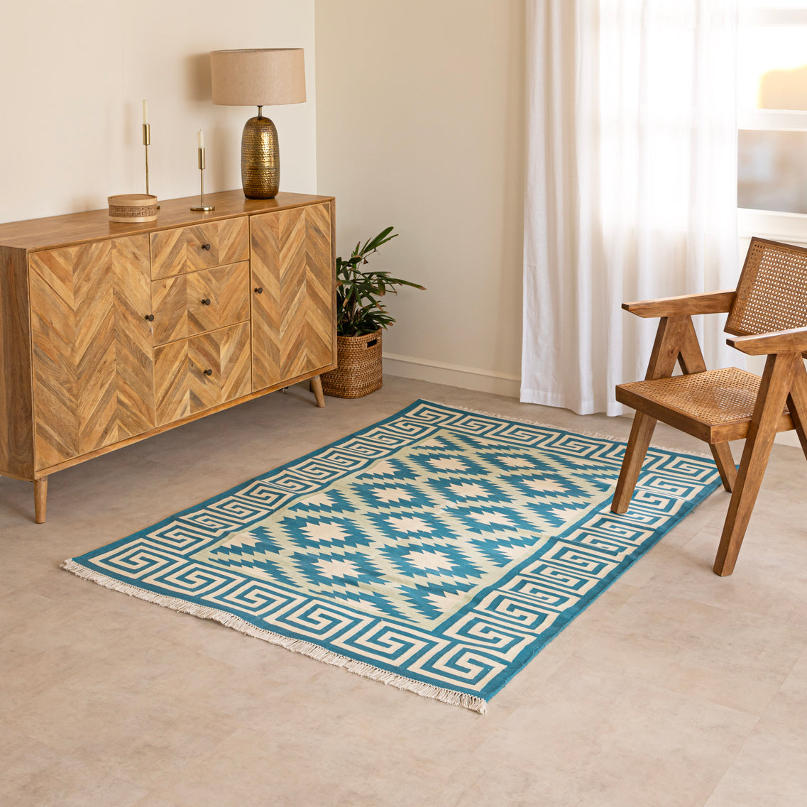 Handmade Cotton Kilim by Rugzcraft – Geometric Pattern in Teal and Cream