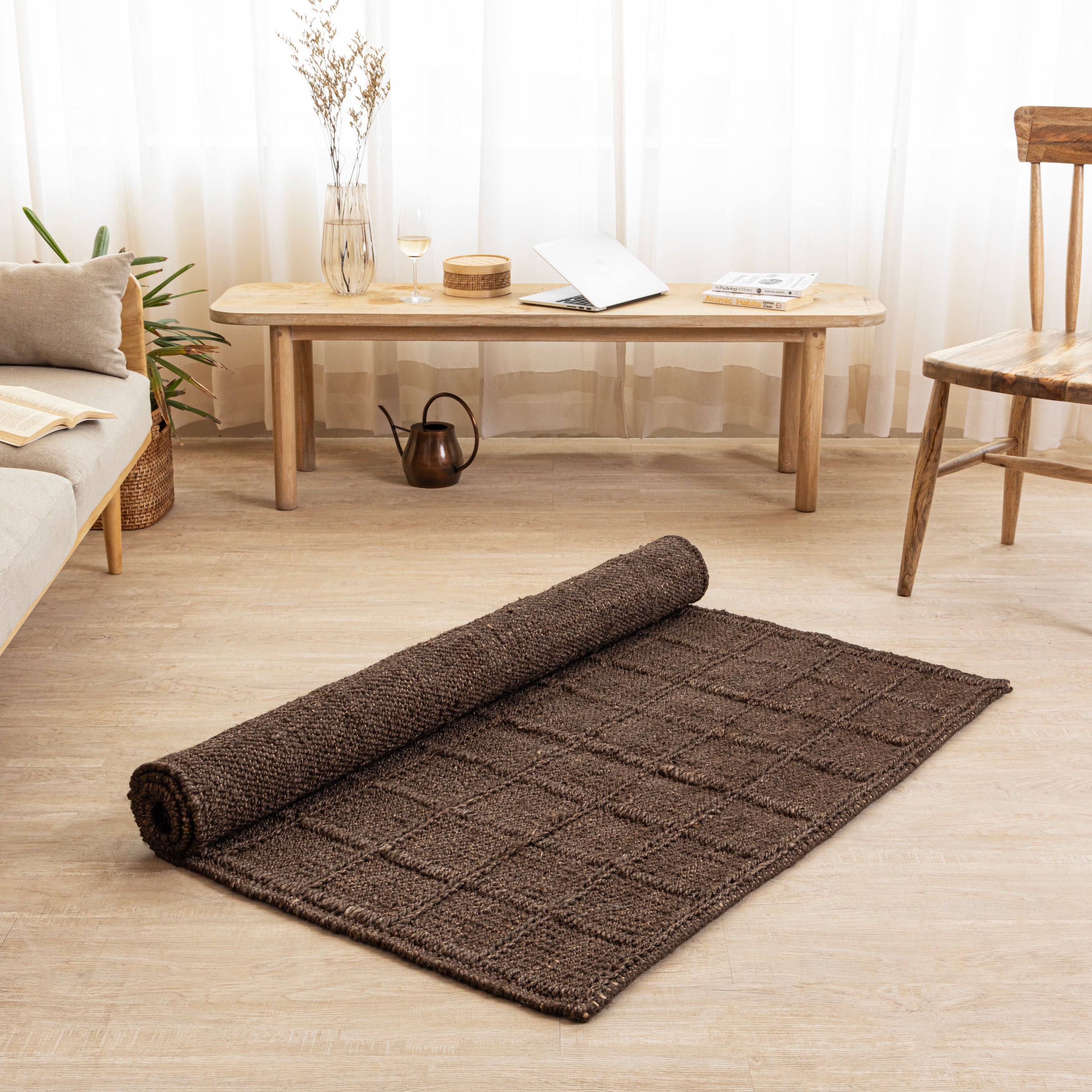 Handcrafted Dark Earth Hemp Rug - Rustic Elegance with Textured Charm