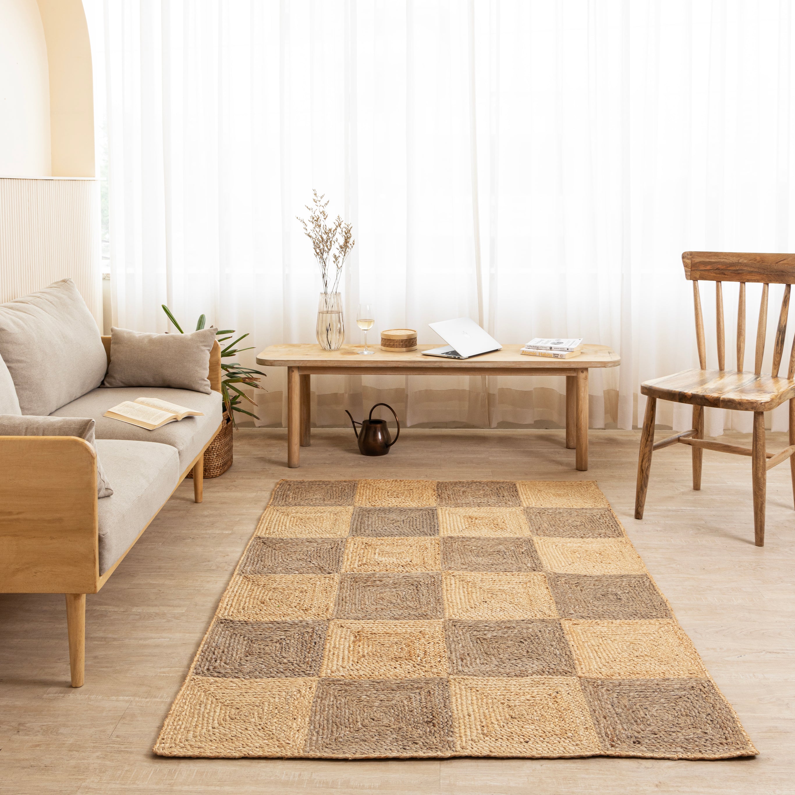 Handcrafted Hemp Checkered Rug - Rustic Two-Tone Elegance