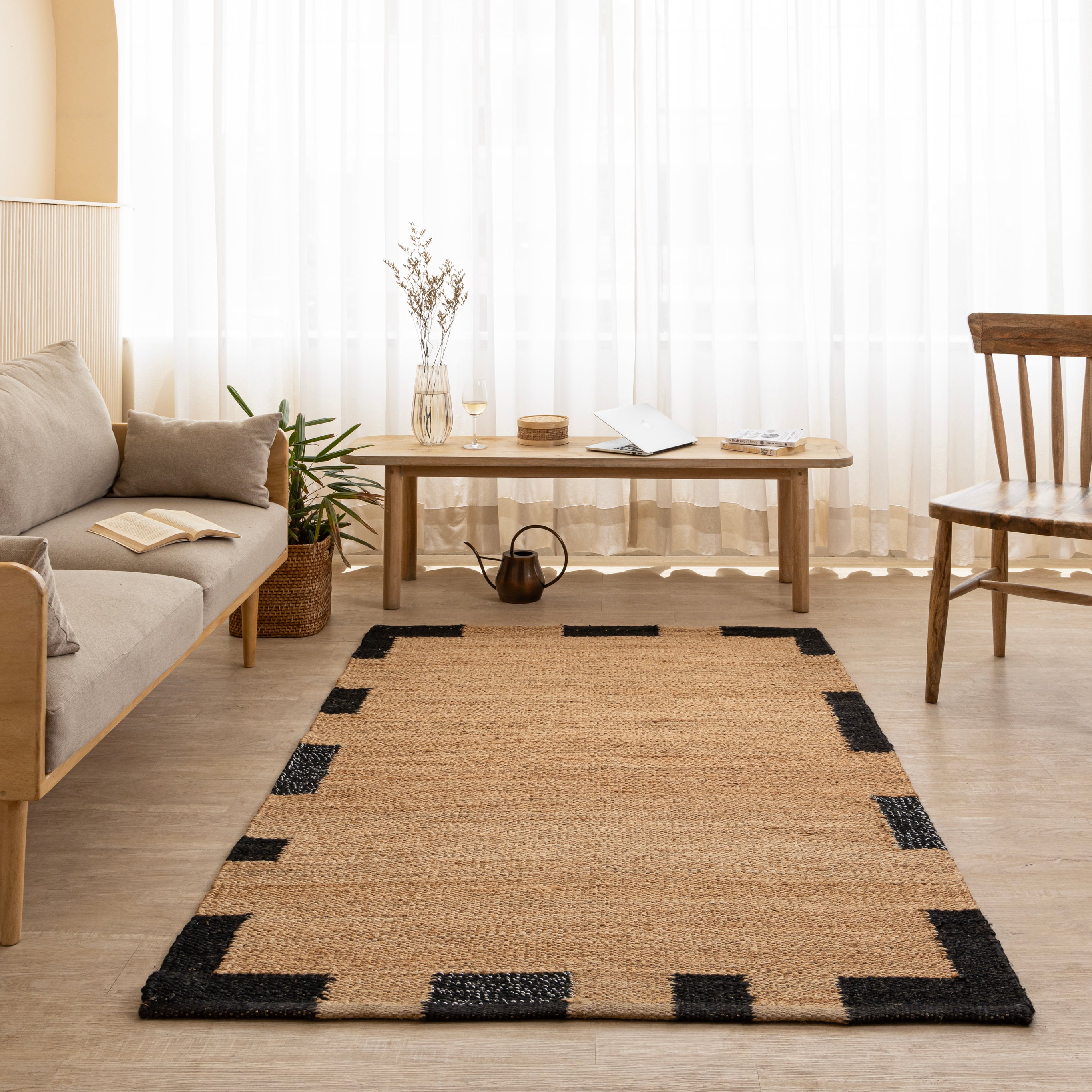 Handcrafted Natural Hemp Rug with Bold Black Accents - Modern Minimalist Design