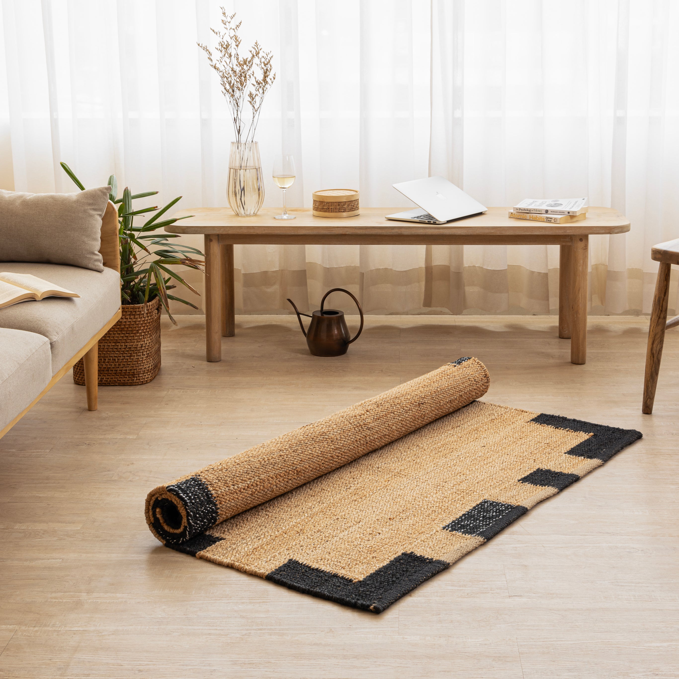 Handcrafted Natural Hemp Rug with Bold Black Accents - Modern Minimalist Design