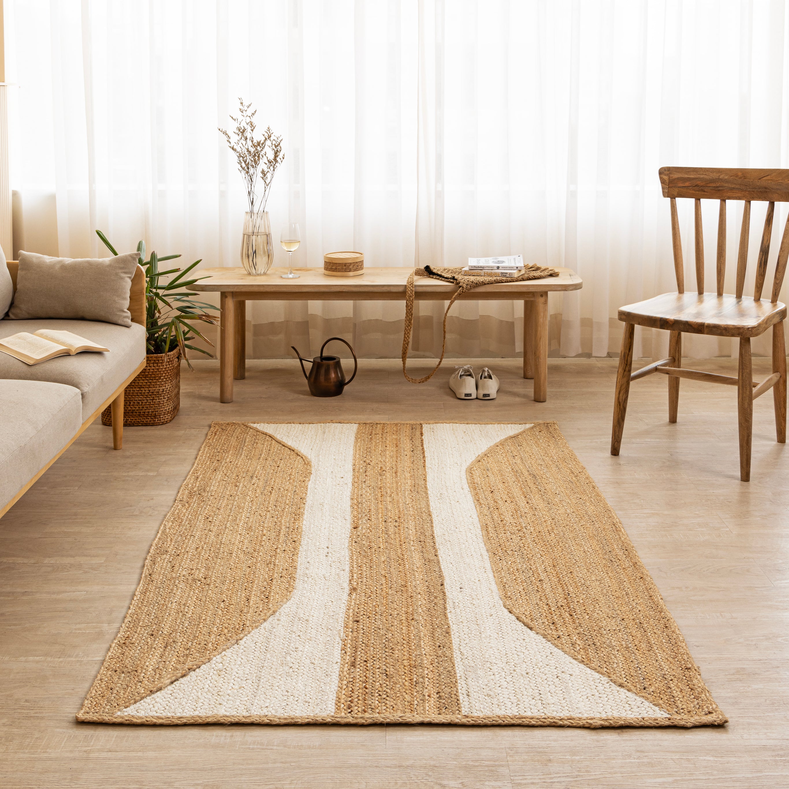 Handcrafted Hemp Rug with Natural Curved Stripes - Organic Elegance