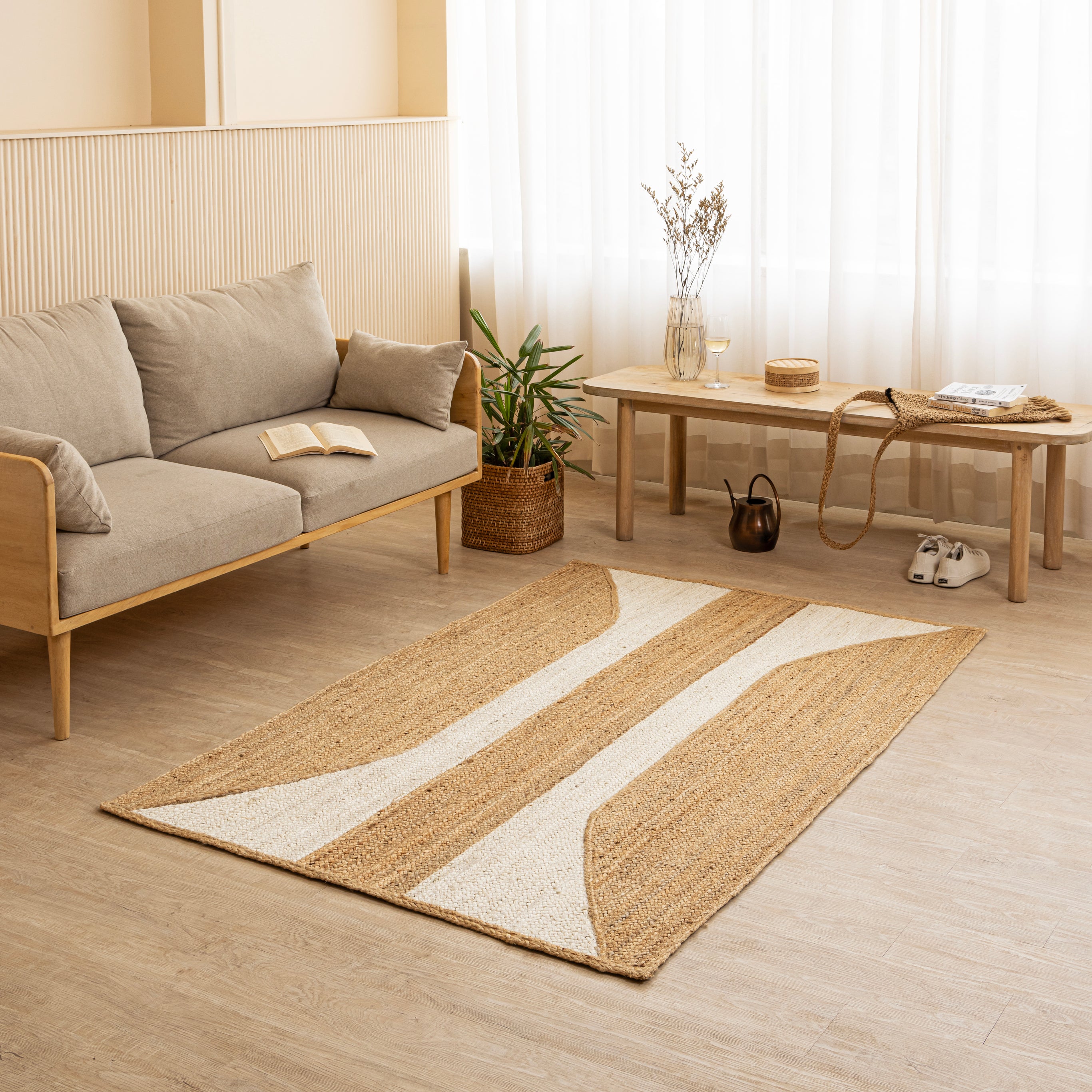 Handcrafted Hemp Rug with Natural Curved Stripes - Organic Elegance