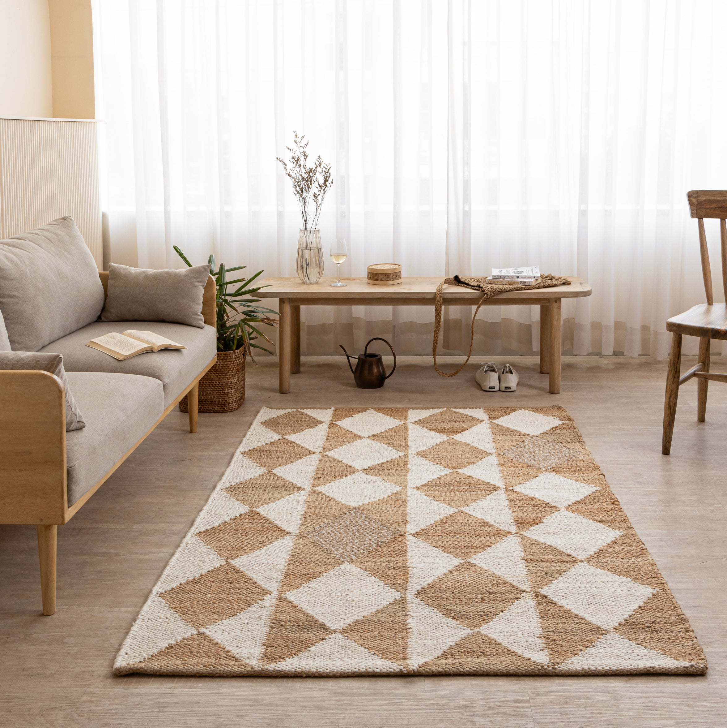 Handwoven Geometric Diamond Hemp Rug - Natural Elegance