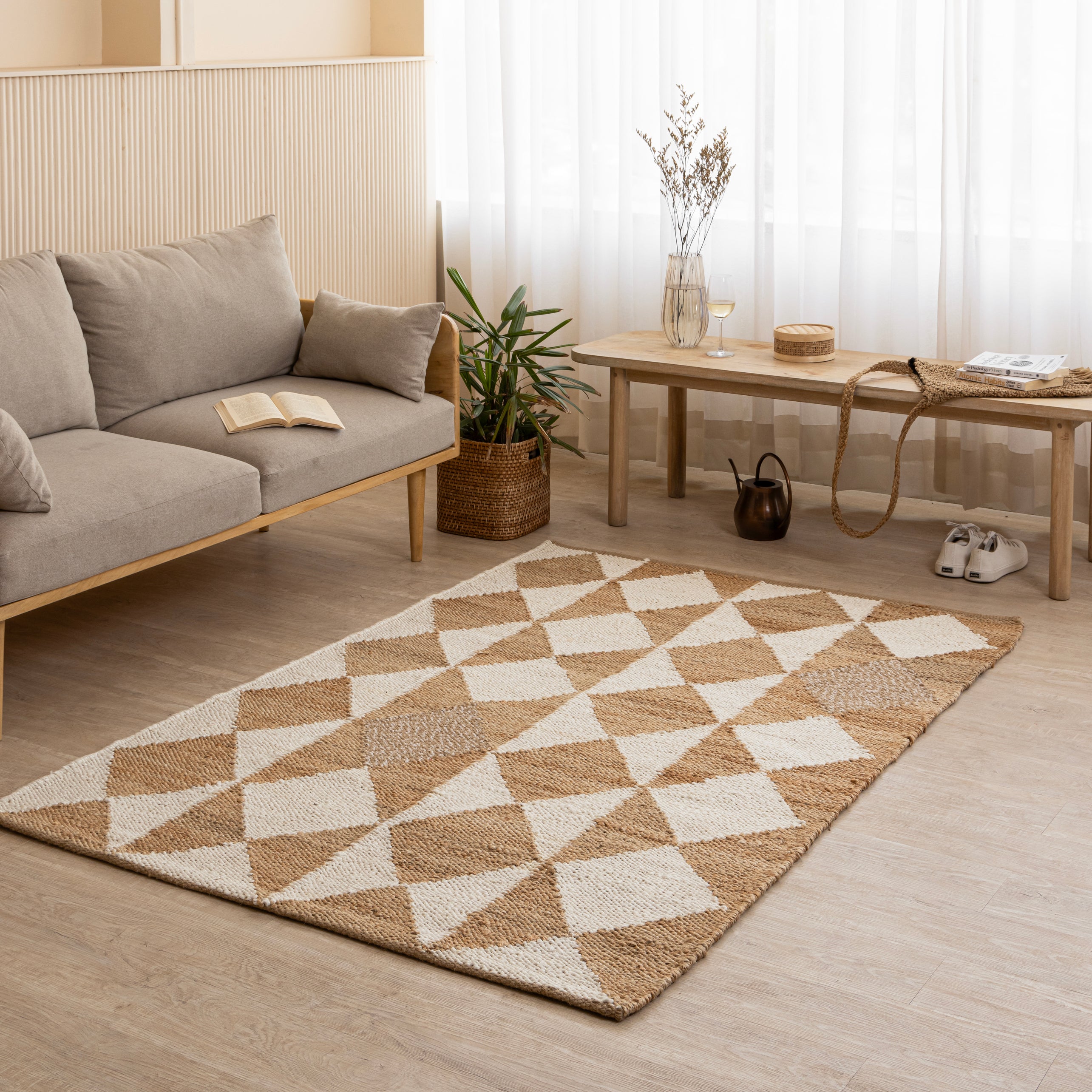 Handwoven Geometric Diamond Hemp Rug - Natural Elegance