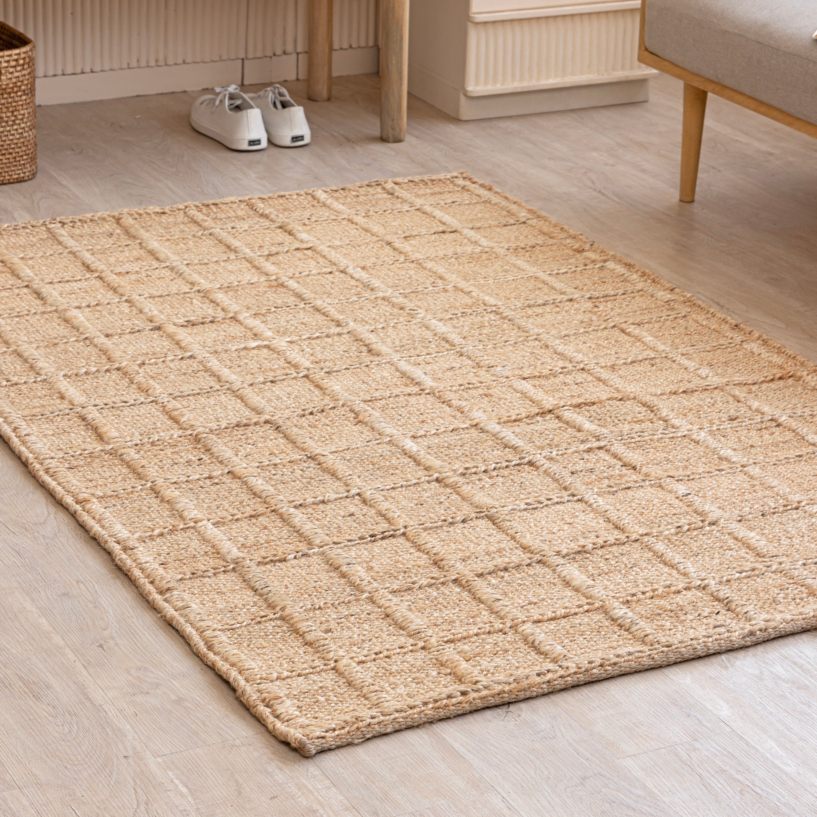 Handwoven Grid Pattern Hemp Rug - Natural Minimalism