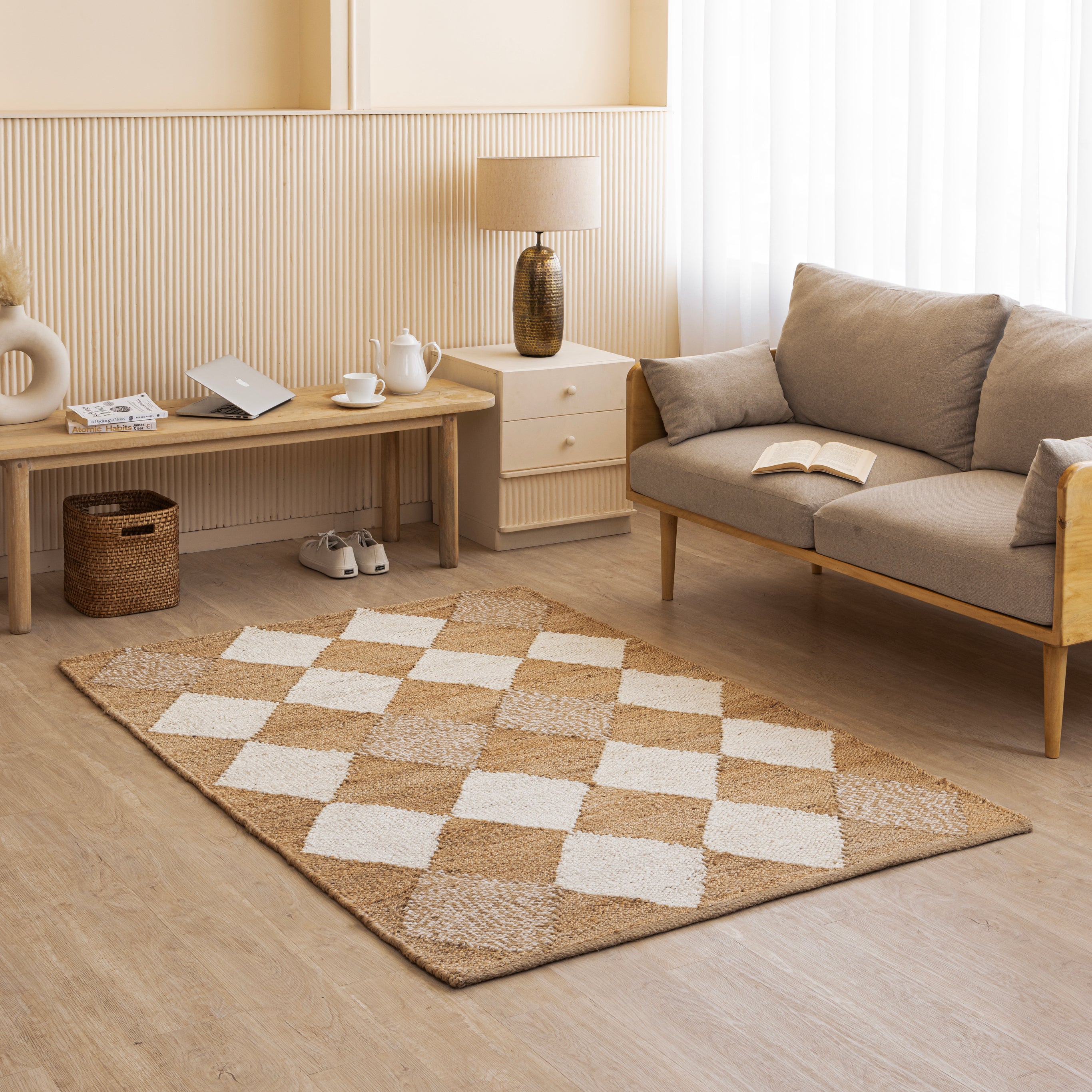 Handwoven Diamond-Checkered Hemp Rug - Natural Elegance with a Geometric Twist