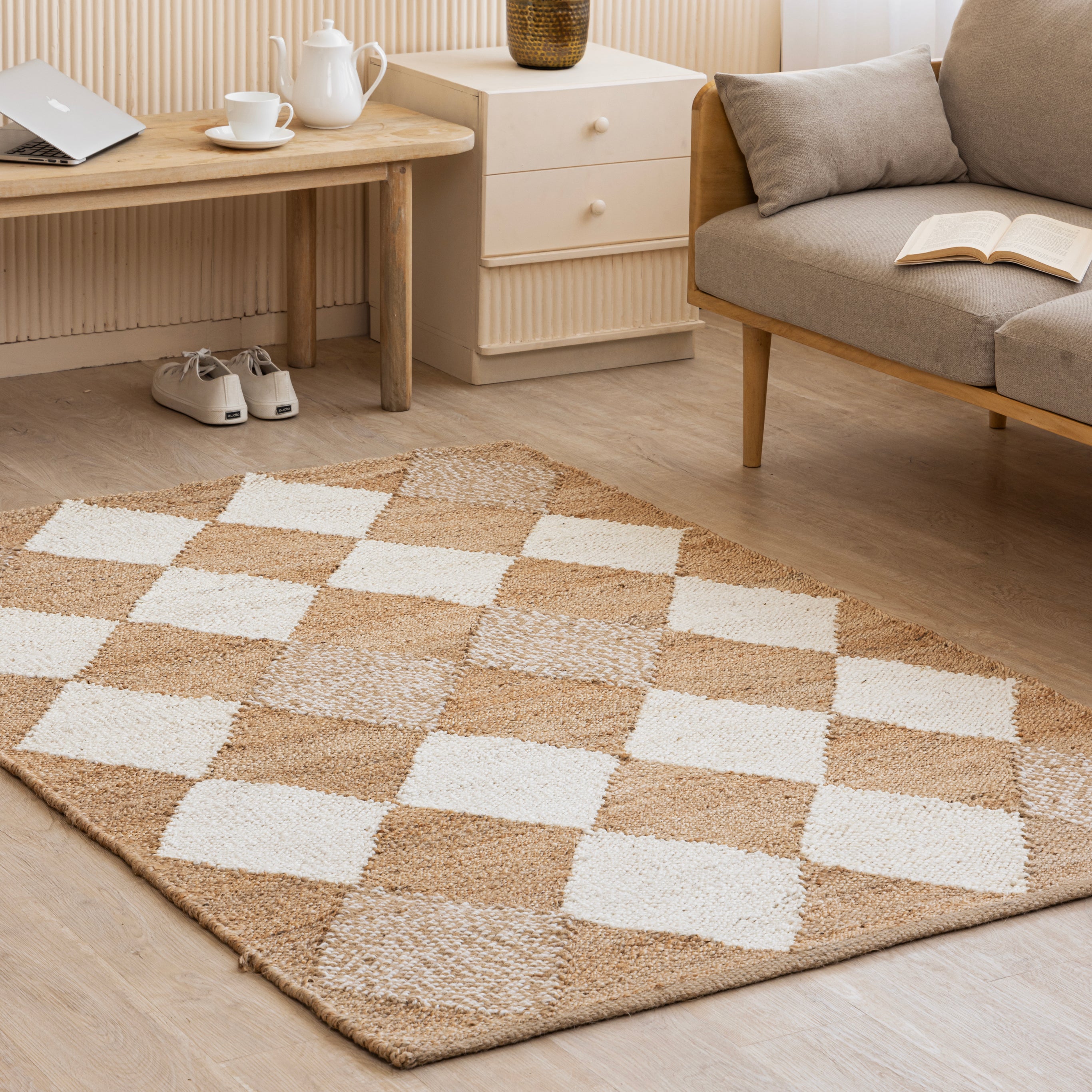 Handwoven Diamond-Checkered Hemp Rug - Natural Elegance with a Geometric Twist