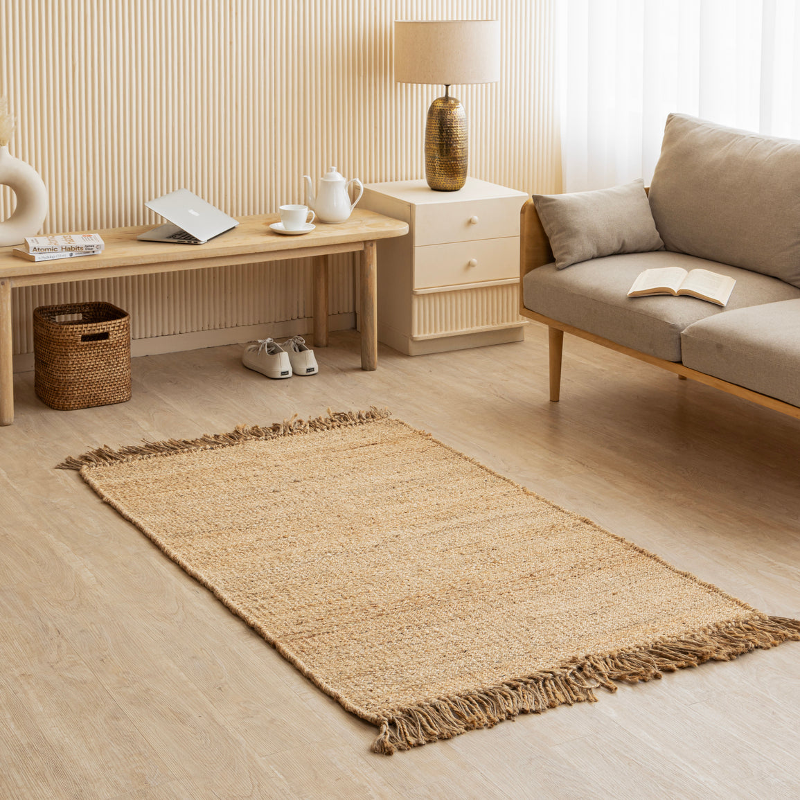 Handwoven Natural Hemp Flatweave Rug with Fringe - Rustic Minimalist Design