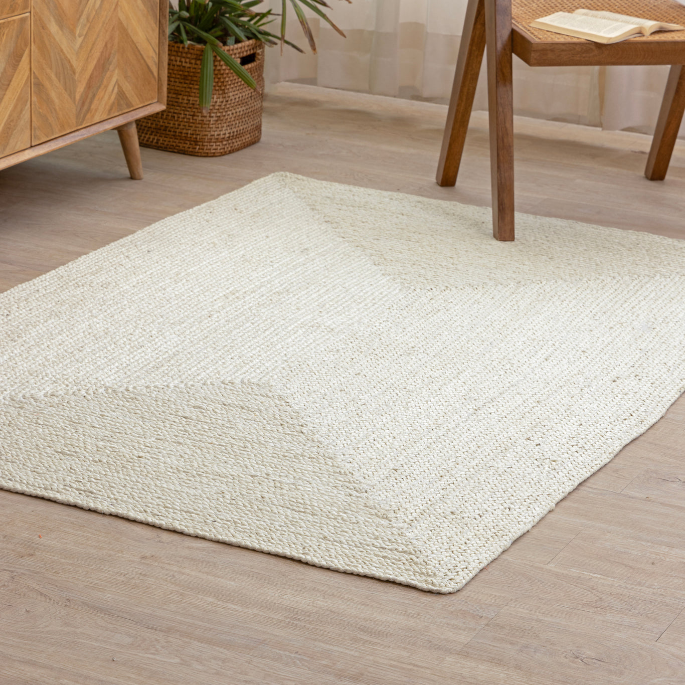 Ivory White Hand-Braided Hemp Rug by Rugzcraft – Minimalist Solid Design