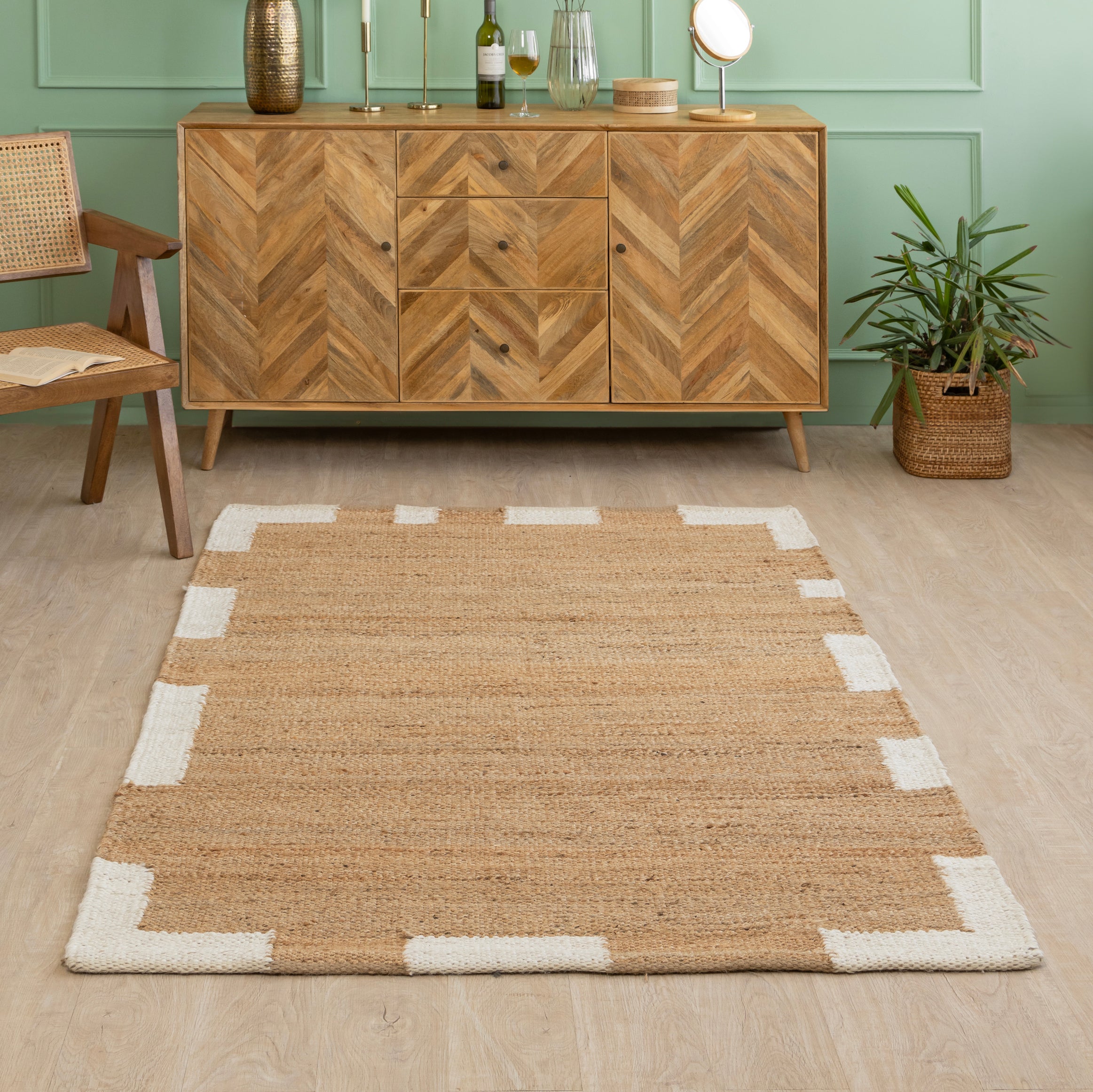 Handwoven Natural Hemp Rug with Modern White Block Accents - Flatweave Minimalist Design