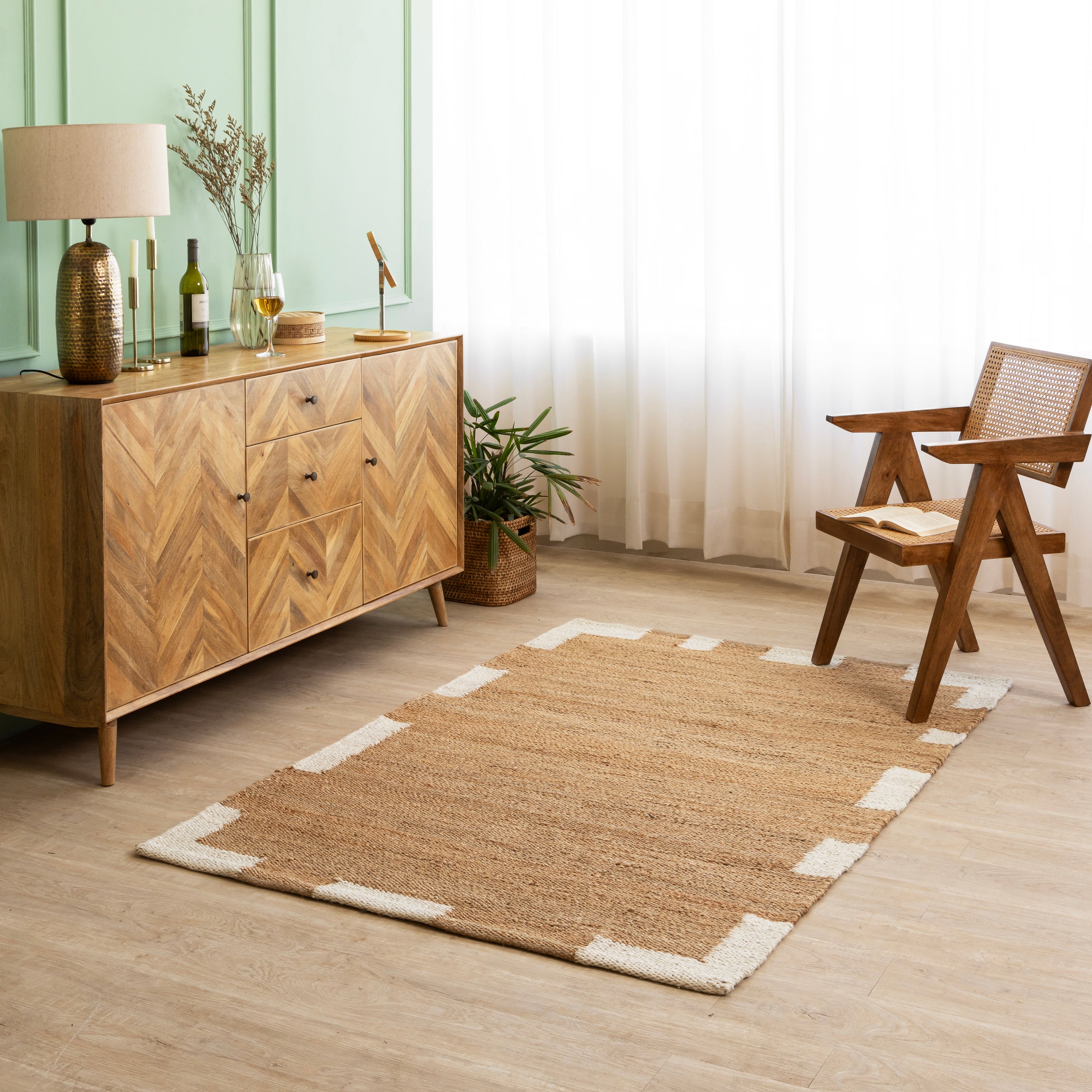 Handwoven Natural Hemp Rug with Modern White Block Accents - Flatweave Minimalist Design