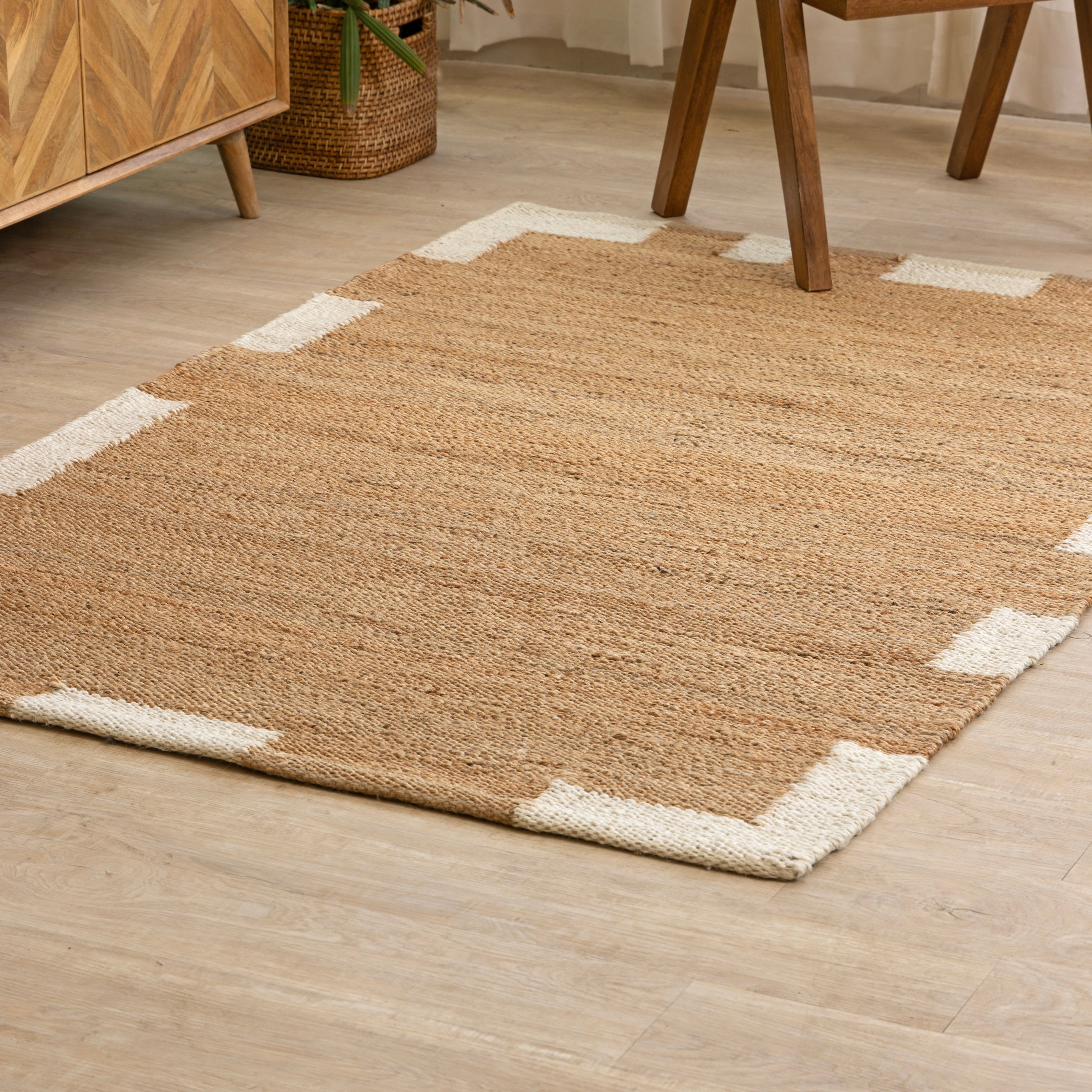 Handwoven Natural Hemp Rug with Modern White Block Accents - Flatweave Minimalist Design