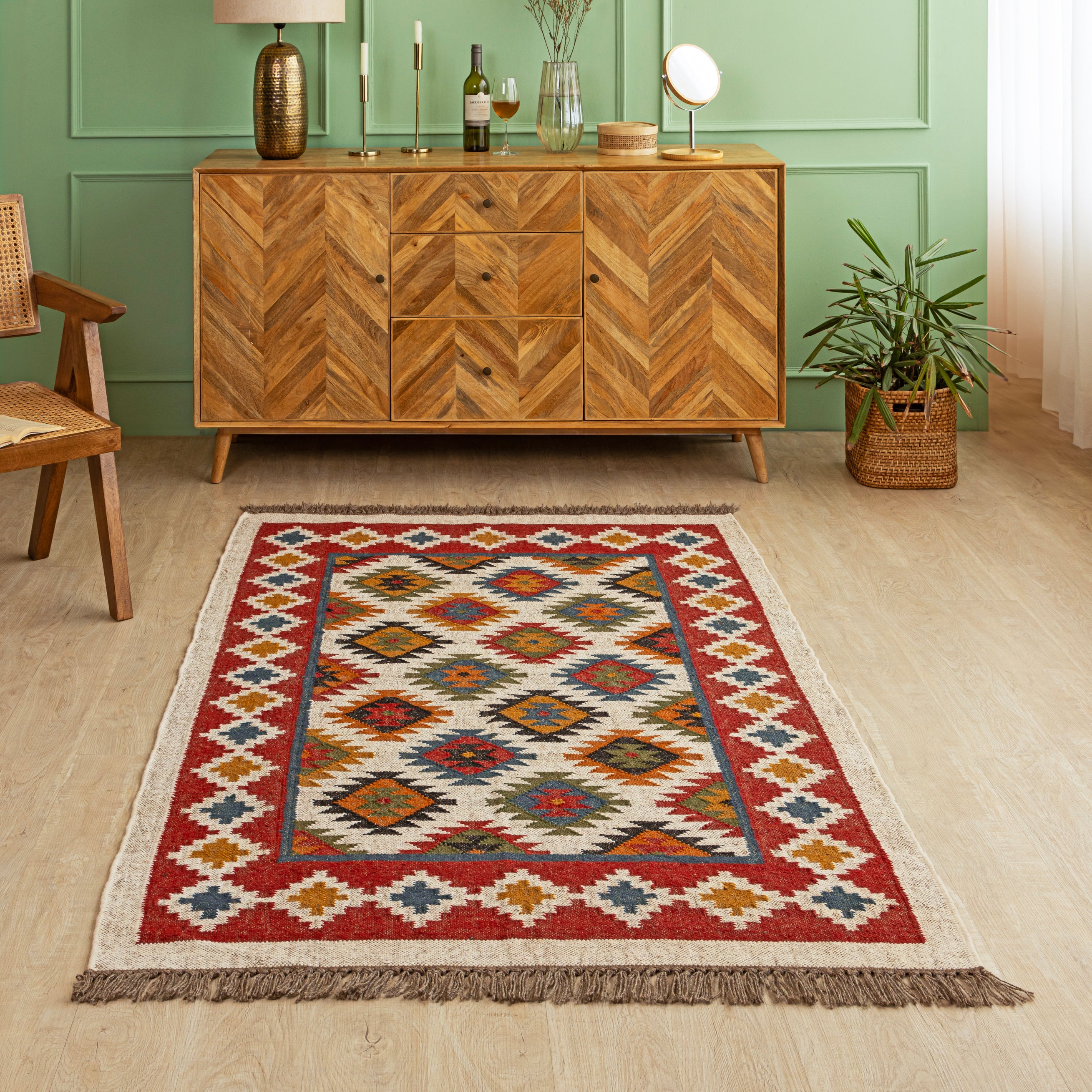 Handwoven Wool-Jute Tribal Kilim Rug - Multicolor Geometric Design