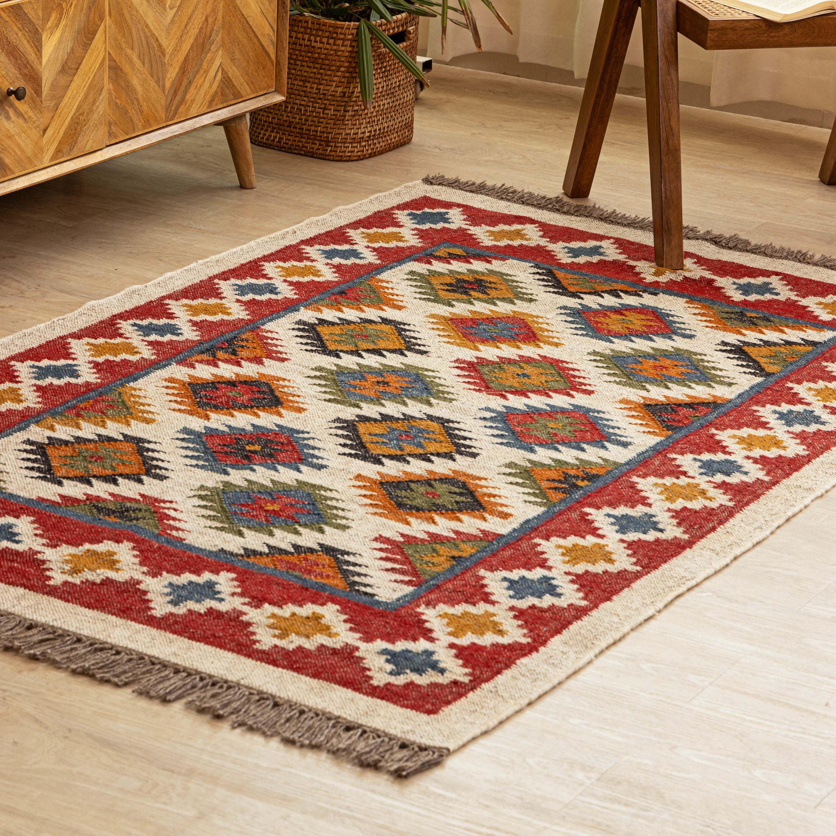 Handwoven Wool-Jute Tribal Kilim Rug - Multicolor Geometric Design