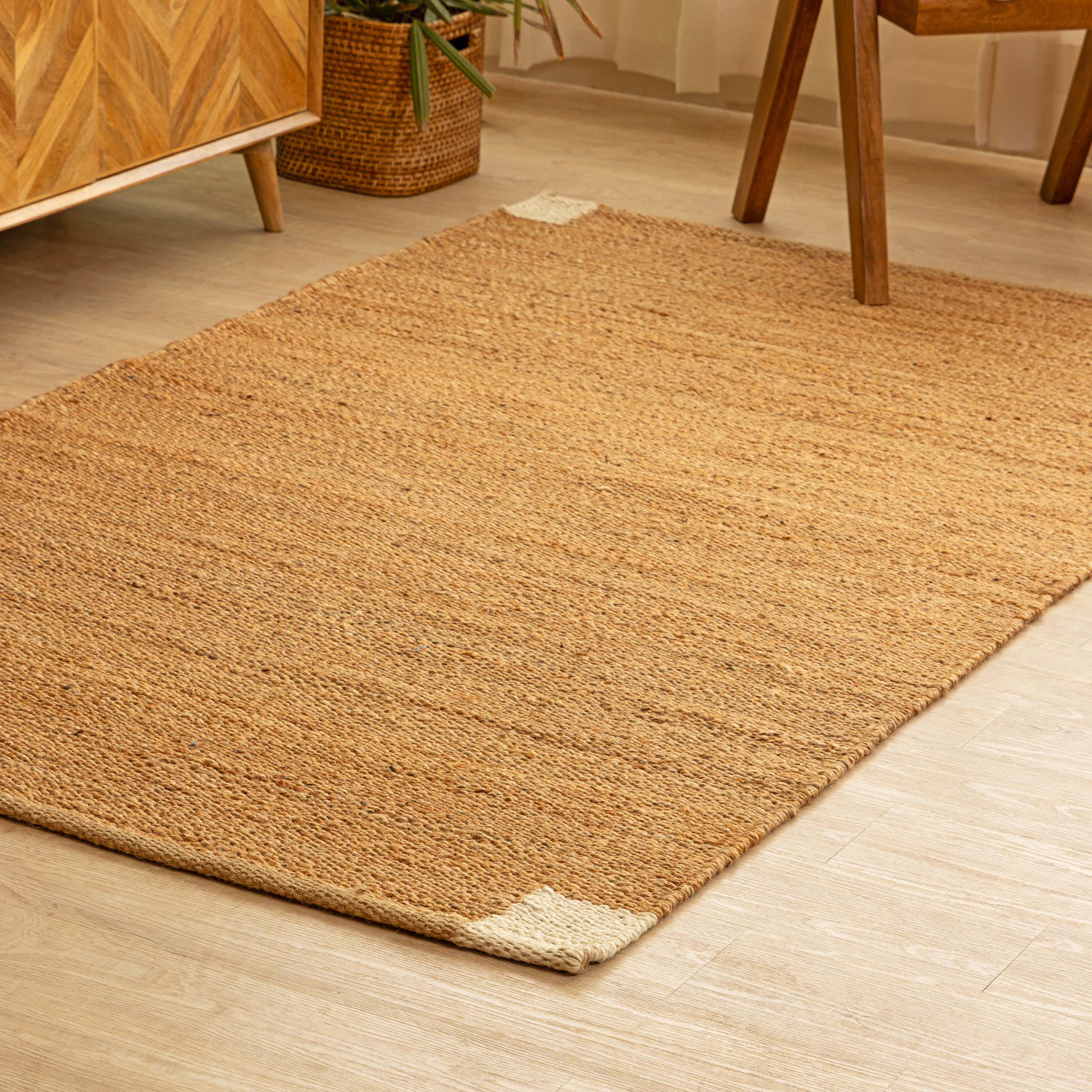 Handwoven Natural Hemp Rug with Subtle White Corner Accents - Minimalist Flatweave