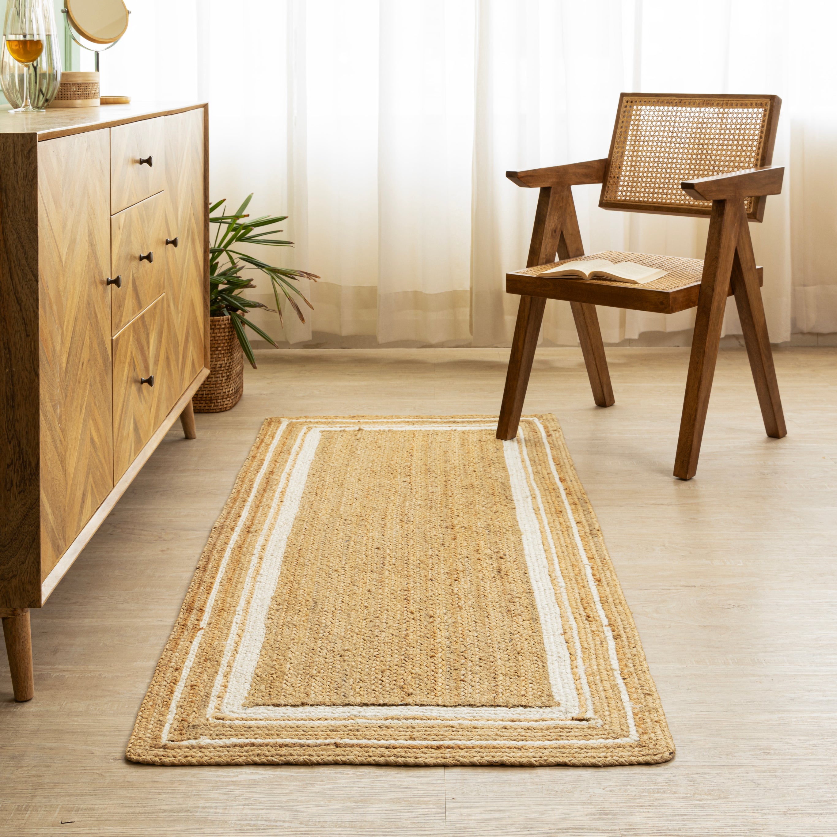 Handwoven Natural Hemp Runner Rug with White Bordered Accents - Eco-Friendly Flatweave Design